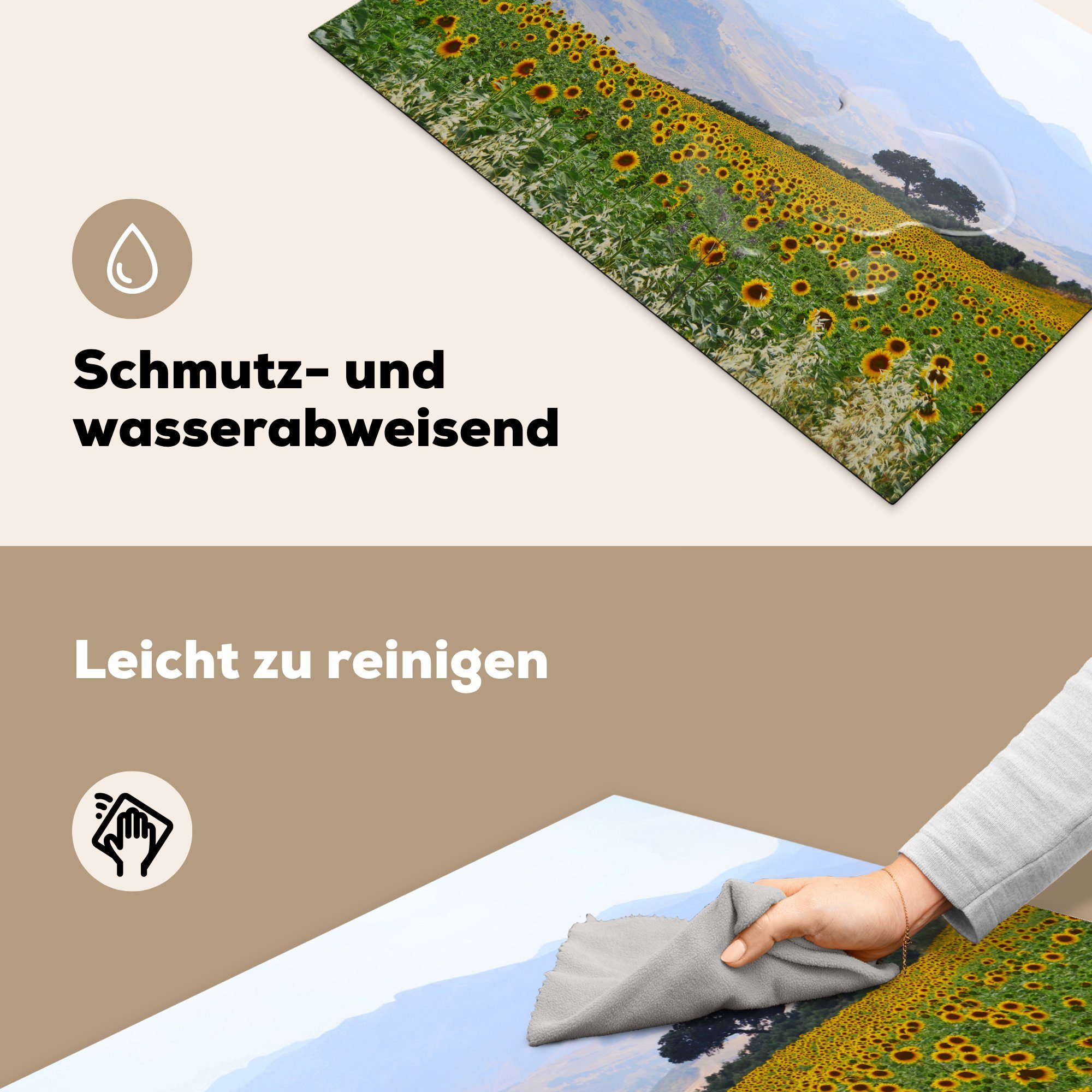 für einem Vinyl, auf die MuchoWow cm, 81x52 tlg), Spaniens, Schutz die Ceranfeldabdeckung Landschaft küche, und Feld Sonnenblumen Herdblende-/Abdeckplatte Induktionskochfeld (1