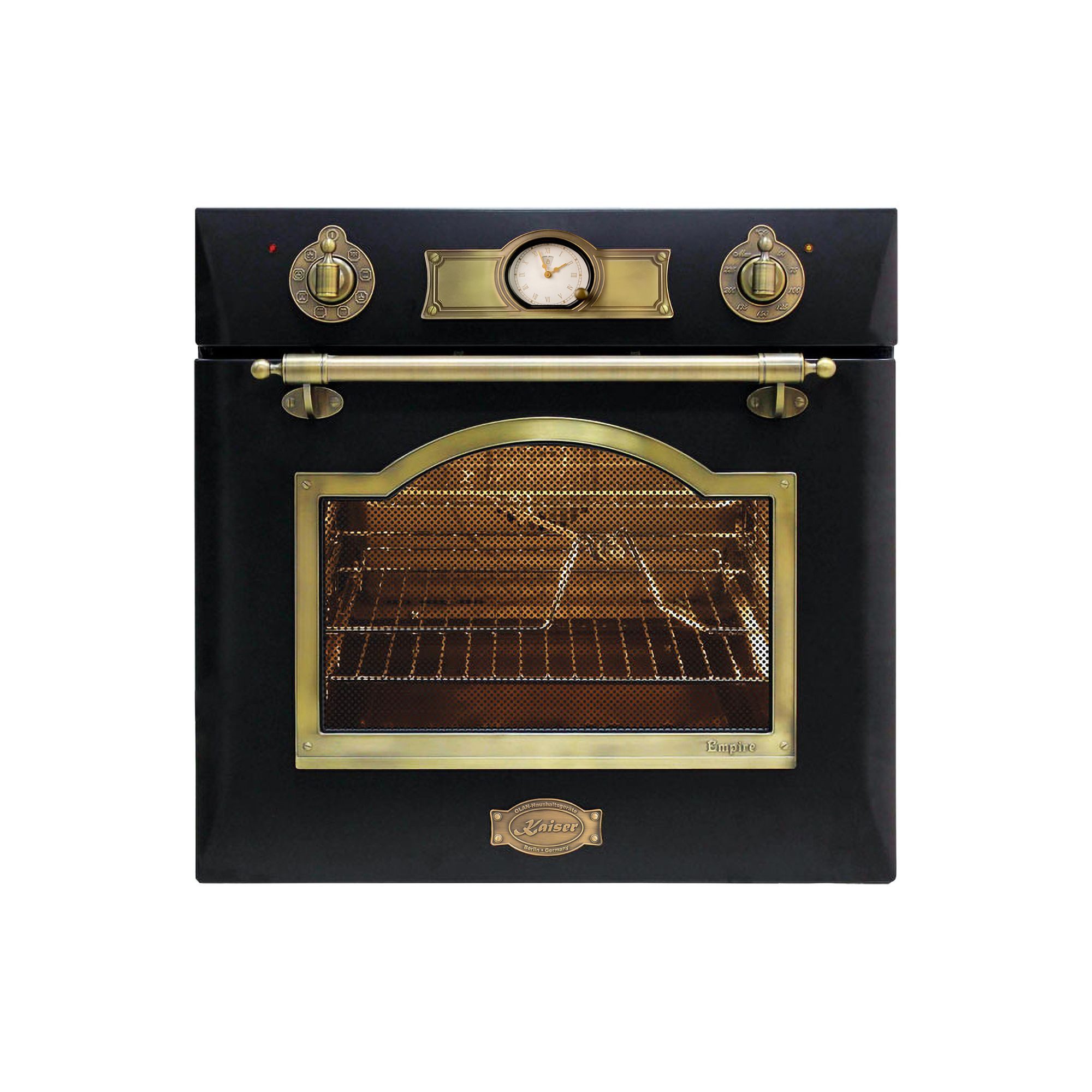 Kaiser Küchengeräte Einbaubackofen Kaiser Empire EH 6355 Backofen 60 cm Autark, Elektro Einbaubackofen, Teleskop-System, 67L, 8 Funktionen, Metall Dekor Exklusiver Retro Backofen EH 6355, mit 1-fach-Teleskopauszug, Katalytische, Exklusiver Kaiser Empire Retro Elektro Backofen 60 cm Autark