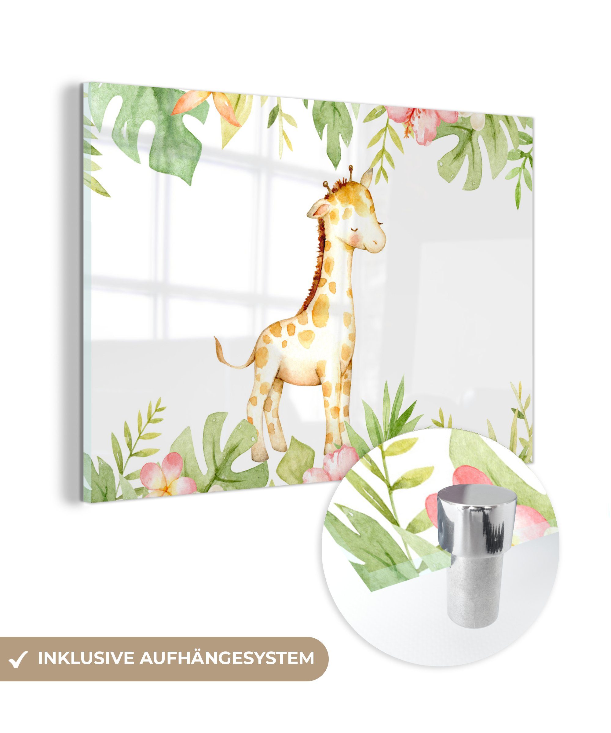 MuchoWow Acrylglasbild Giraffe - Dschungel - Blumen - Aquarell, (1 St), Glasbilder - Bilder auf Glas Wandbild - Foto auf Glas - Wanddekoration