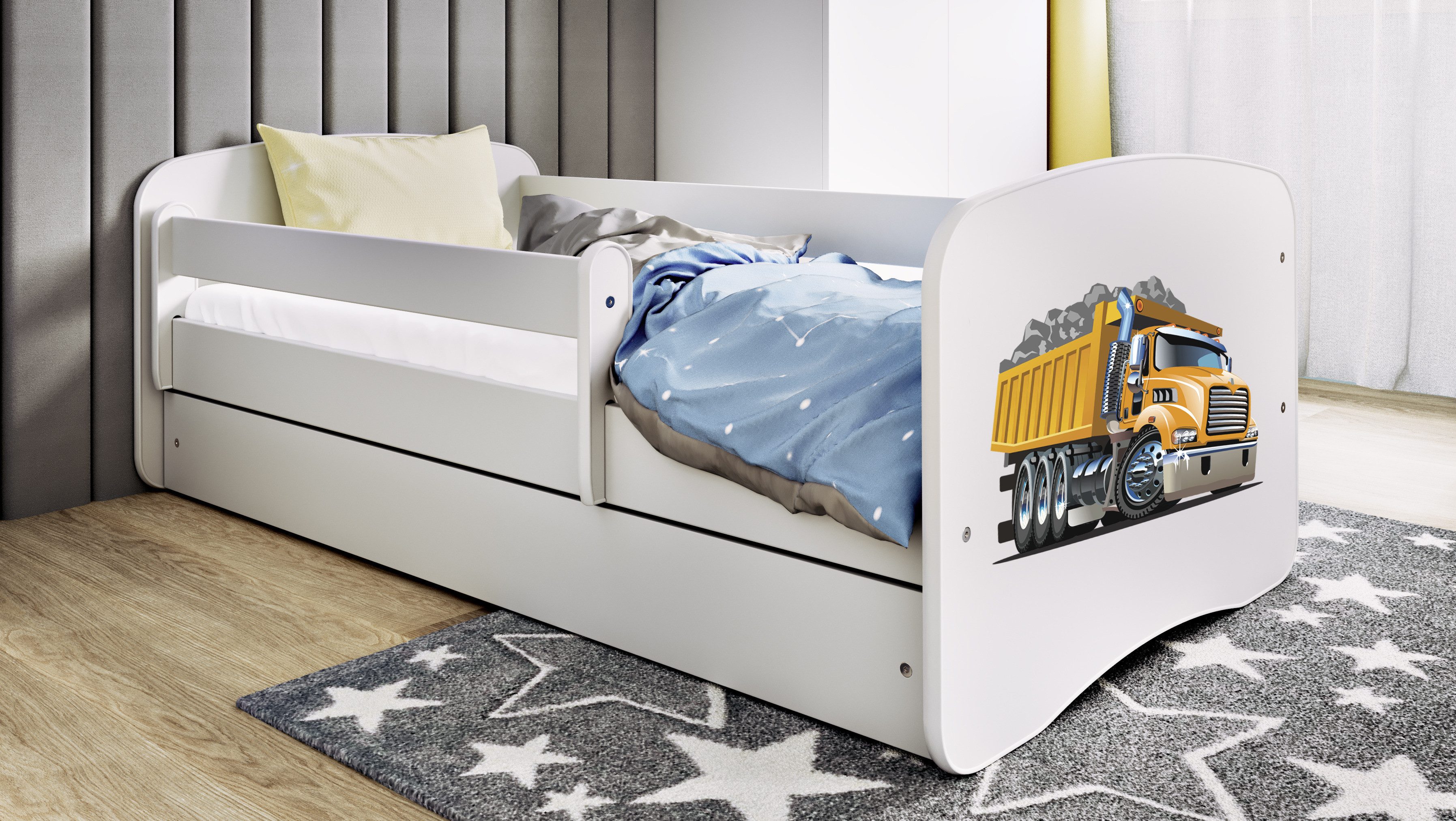 Raumhirsch Furniture Kinderbett 70x140, 80x160, 80x180 cm - Komplettset mit Matratze & Schublade (Bett für Jungs, Einzelbett für Kinder 2–12 Jahre mit Rausfallschutz), verschiedene Farben & Designs