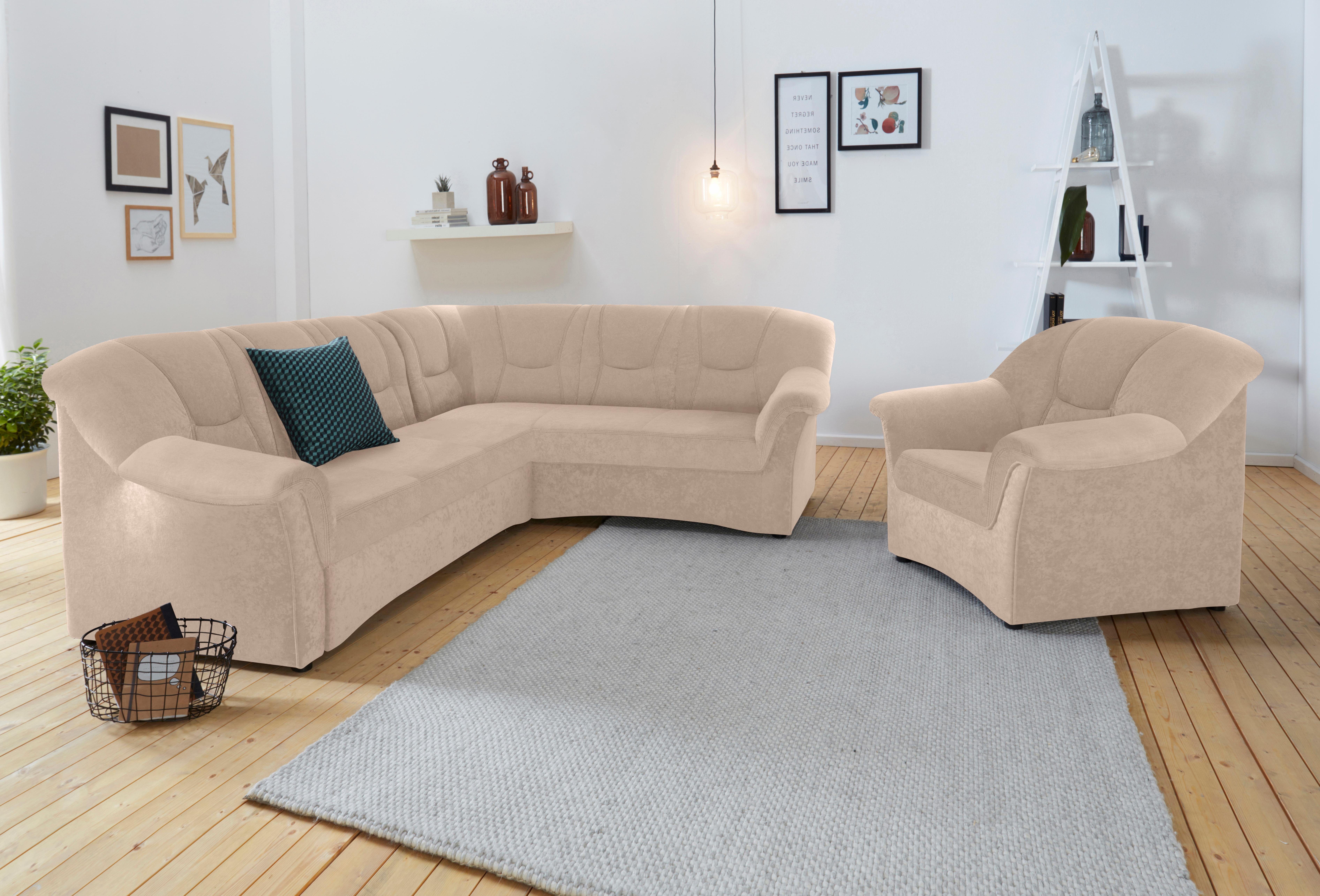 DOMO collection Ecksofa SARAFINA 240x190 cm, auch mit Federkern für mehr Sitzkomfort!, whlw. mit Bettfunktion, elegantes Design, L-Form