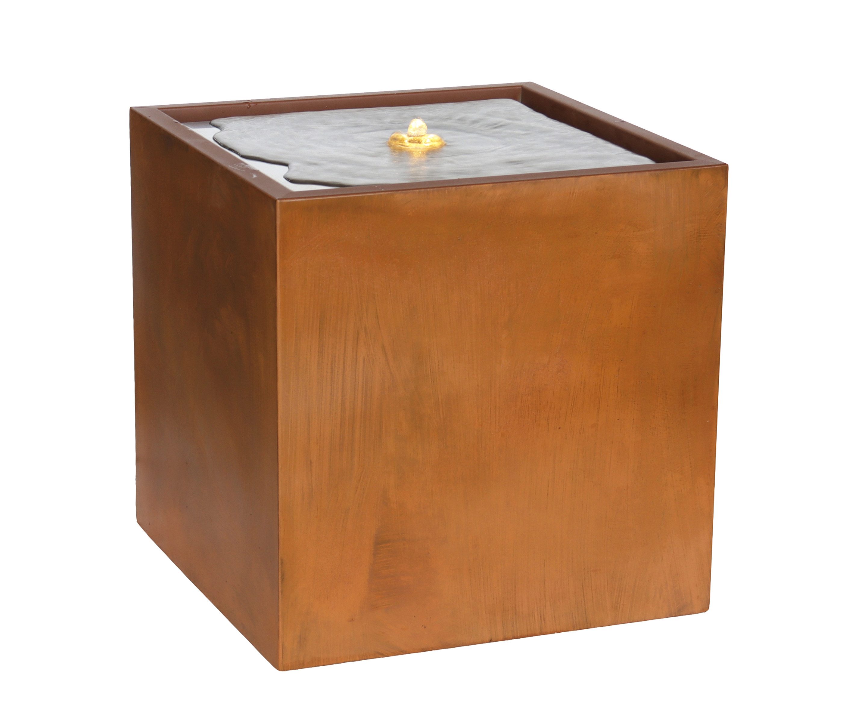 Dehner Gartenbrunnen Ember, mit warmweißer LED-Beleuchtung, Cortenstahl, 40 cm Breite, moderner und minimalistischer Outdoor-Brunnen inkl. Pumpe und Trafo