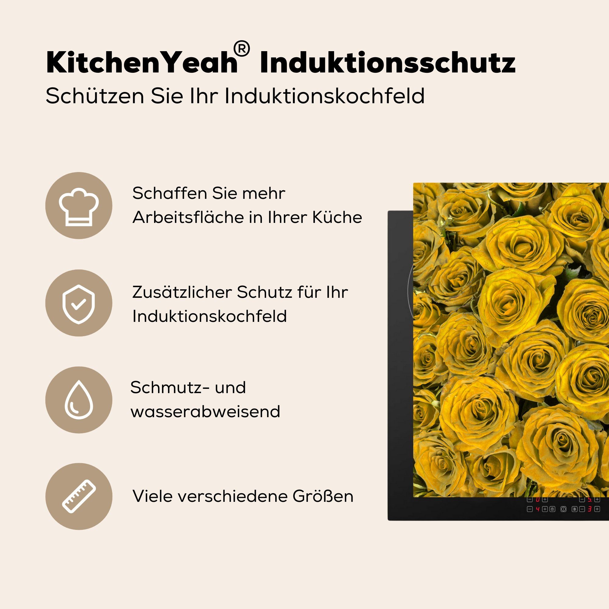 MuchoWow Herdblende-/Abdeckplatte Rosen - Arbeitsplatte Vinyl, küche für Ceranfeldabdeckung, 78x78 (1 Blumenstrauß, Gelb cm, tlg), 
