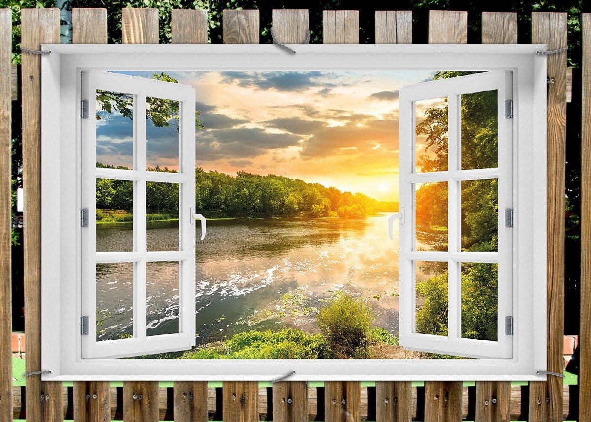 Thumbnail - Wallario Sichtschutzzaunmatten Sonnenuntergang am Fluss in grüner Umgebung, mit Fenster-Illusion
