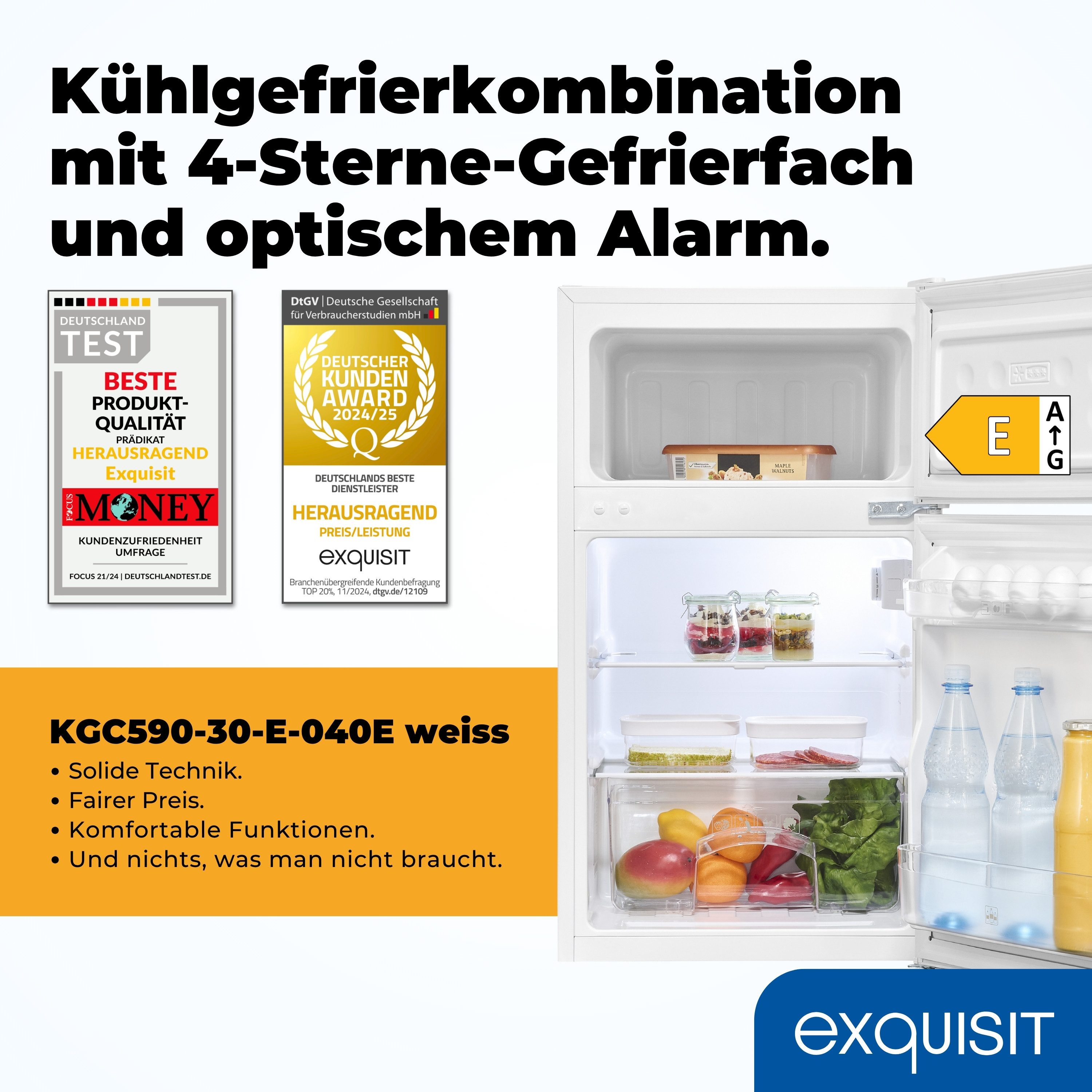 exquisit Kühlschrank KGC590-30-E-040E, 85 cm hoch, 47.5 cm breit, wechselbarer Türanschlag, 4-Sterne-Gefrieren, LED-Beleuchtung