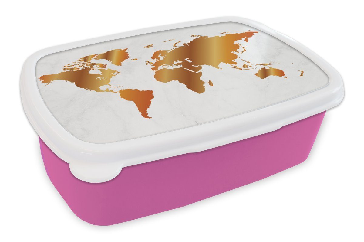 MuchoWow Lunchbox Weltkarte - Marmor - Gold, Kunststoff, (2-tlg), Brotbox für Erwachsene, Brotdose Kinder, Snackbox, Mädchen, Kunststoff rosa