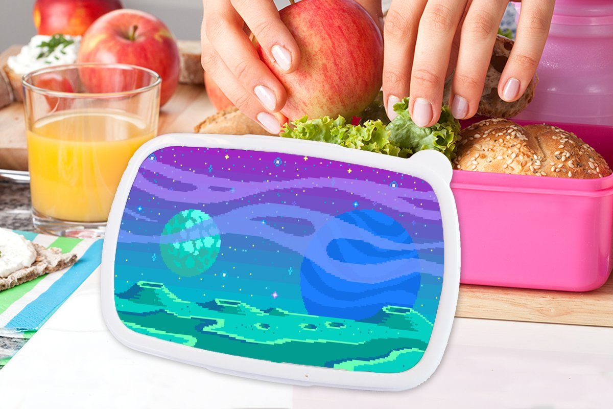 MuchoWow Mond, Kunststoff für Erwachsene, - Art Brotbox Pixel Spiele Kinder, Kunststoff, (2-tlg), Snackbox, Lunchbox rosa Brotdose Mädchen, -