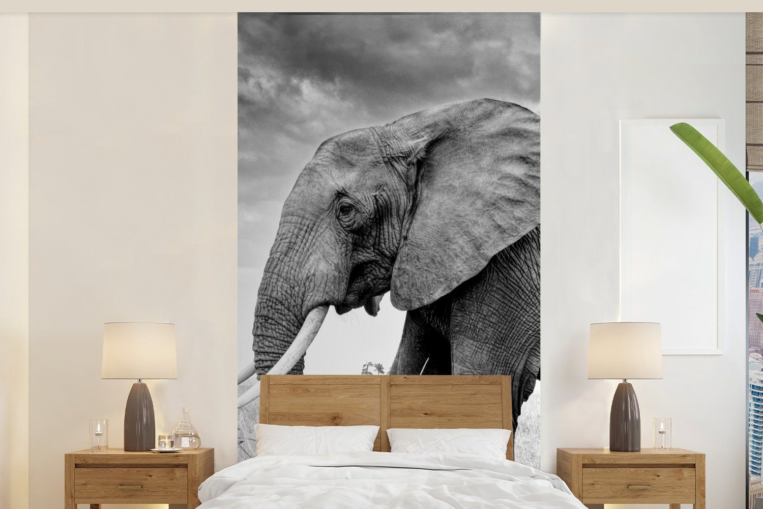 bedruckt, Fototapete - Gras Schwarz - weiß, und Elefant Vliestapete Schlafzimmer Matt, (2 Fototapete Tiere St), Wohnzimmer MuchoWow für Küche, -