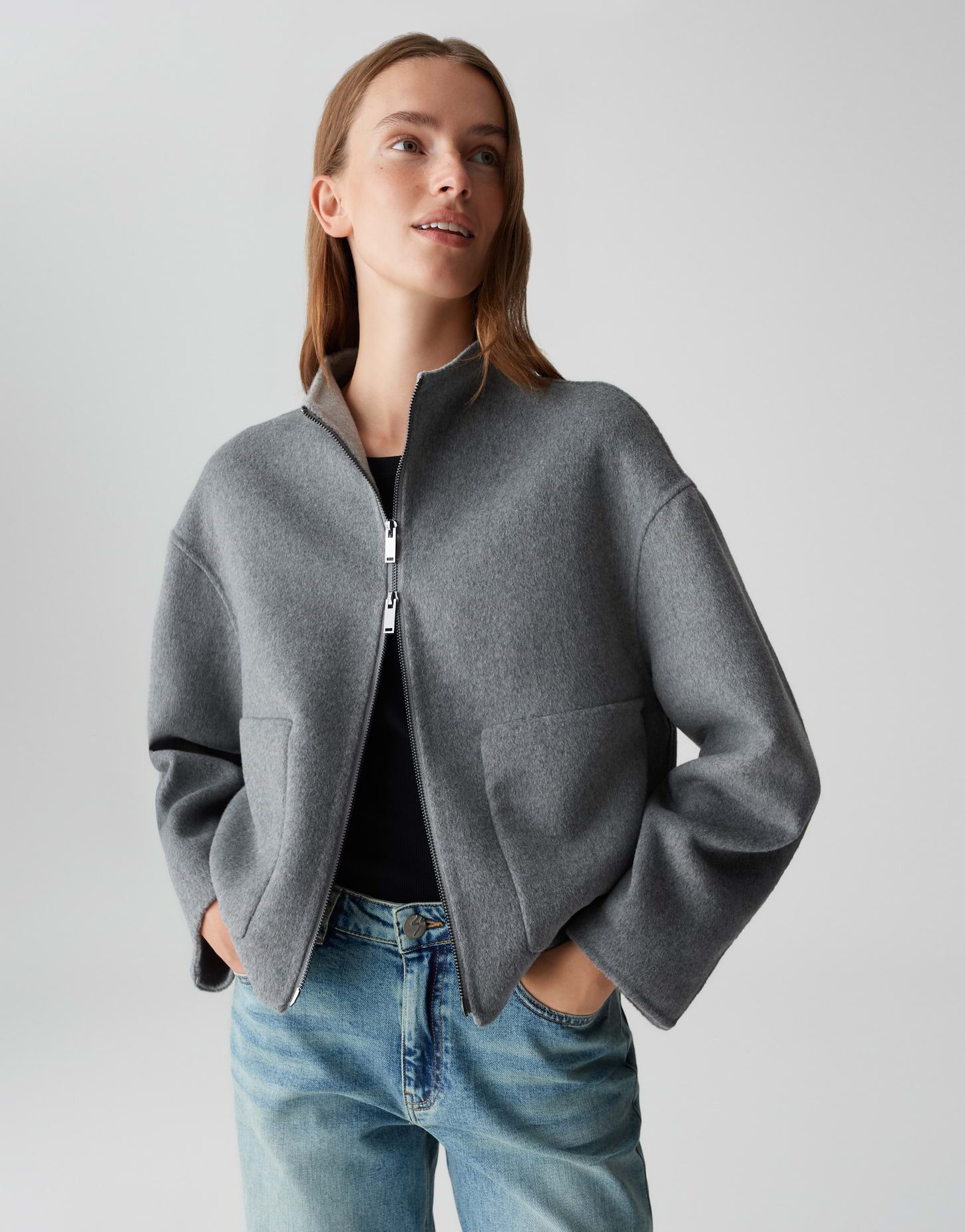 OPUS Wolljacke HELISA HELISA klassischer Kragen, überschnittene Schulter mit Langarm