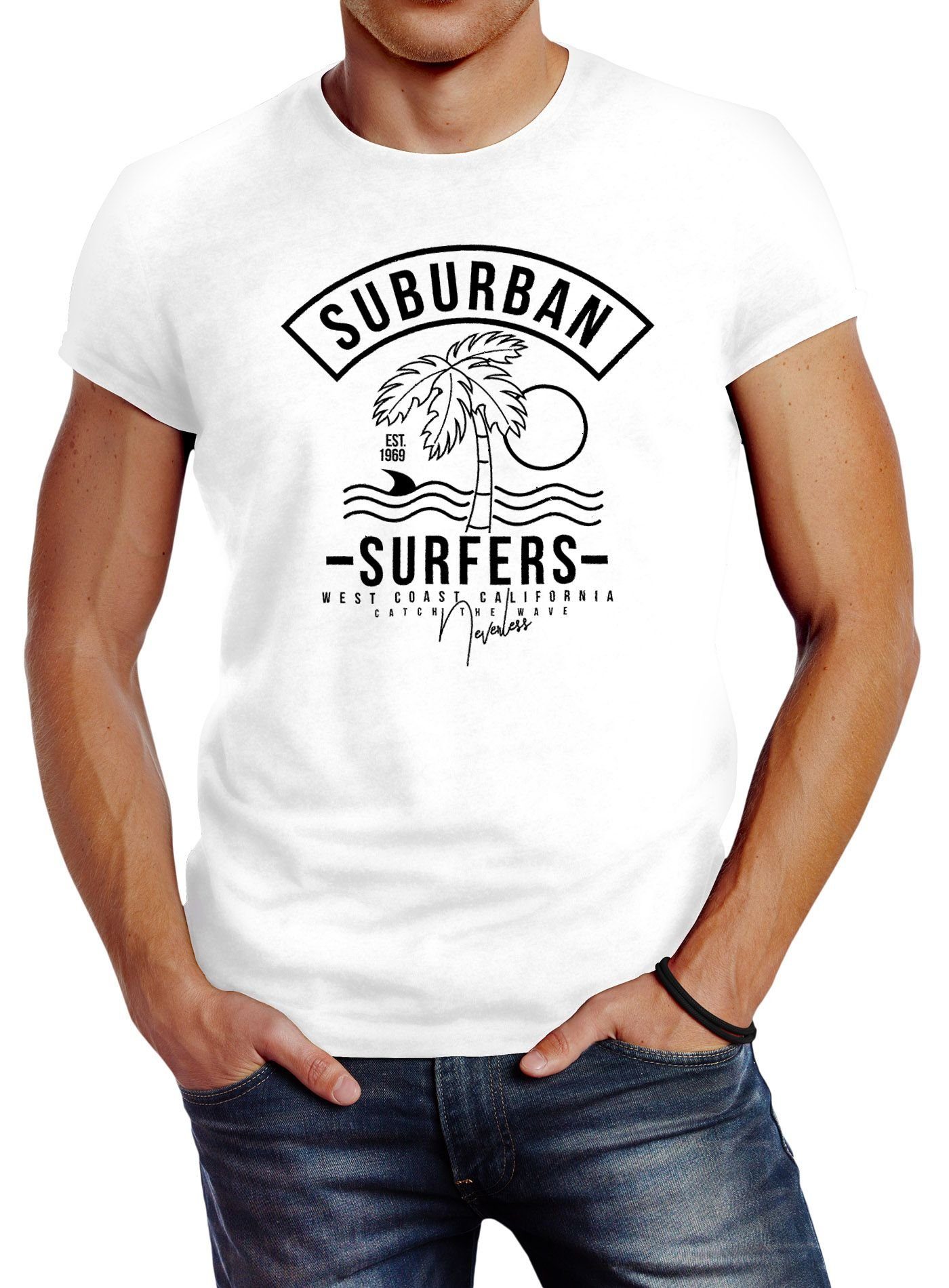 weiß Surfers Wellenreiten California Urlaub mit Fit Suburban Slim T-Shirt West Neverless Herren Print-Shirt Neverless® Coast Meer Print