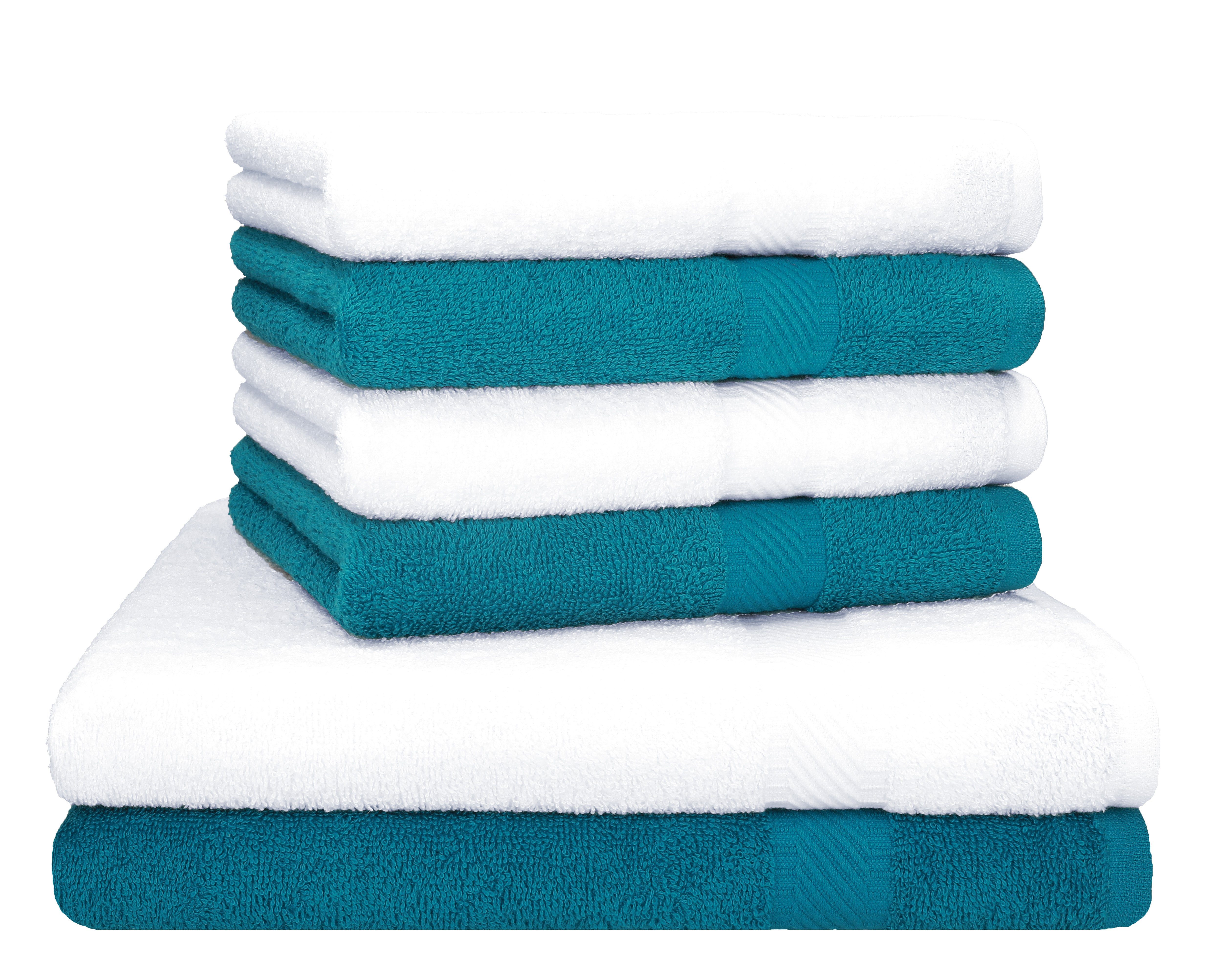Betz Handtuch Set Palermo 6er 2x Liegetücher 70x140 cm 4x Handtücher 50x100 cm, 100% Baumwolle petrol/weiß | Handtuch-Sets