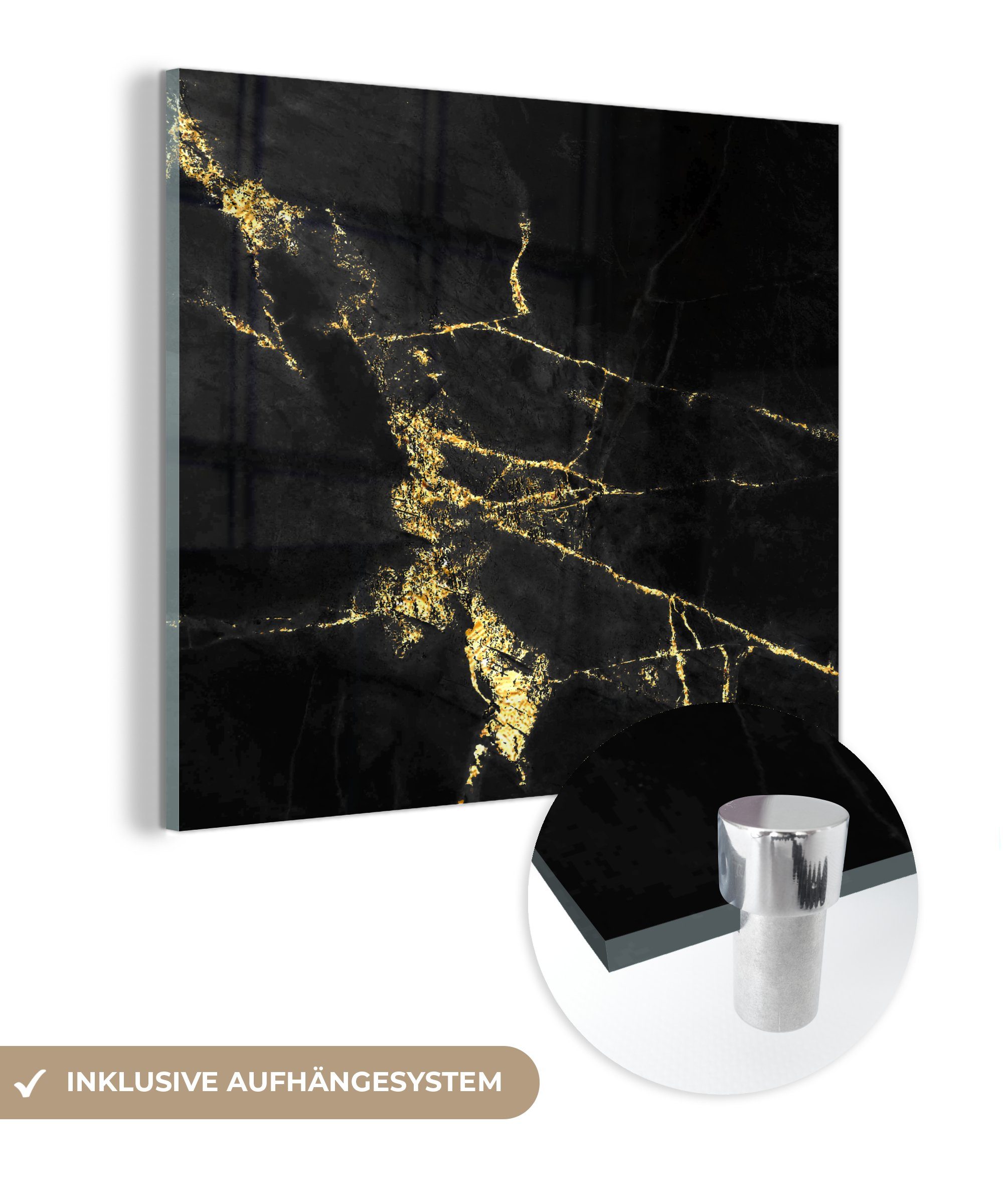 MuchoWow Acrylglasbild Marmor auf auf - Gold - Luxus, St), - Glasbilder - Bilder Glas Wandbild - bunt Foto Wanddekoration Glas - Schwarz (1