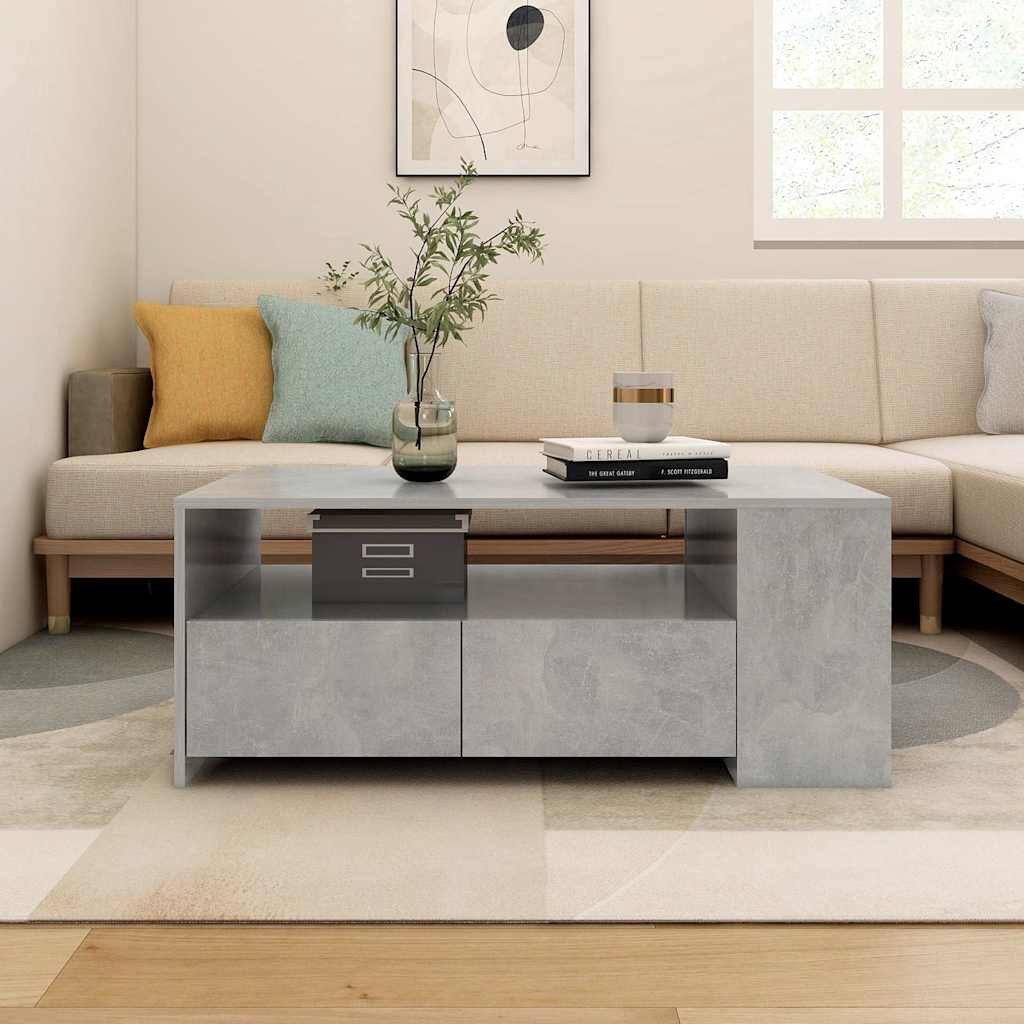 furnicato Couchtisch Betongrau 102 x 55 x 42 cm aus pflegeleichtem Holzwerkstoff (1-St), Wohnzimmertisch mit Schubladen, Fächern und einer Ablagefläche