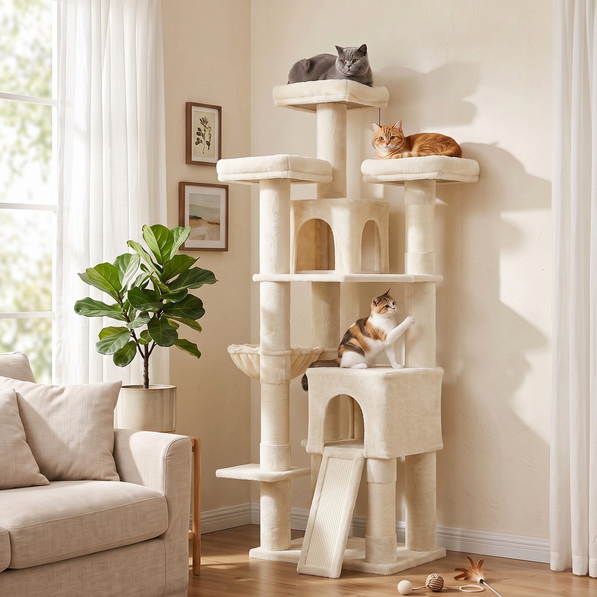 PawHut Kratzbaum Groß 184 cm hoch Katzenbaum mit 3 Dicke Kratzstämmen 2 Höhlen, für 1-3 Katzen unter 6 kg Beige