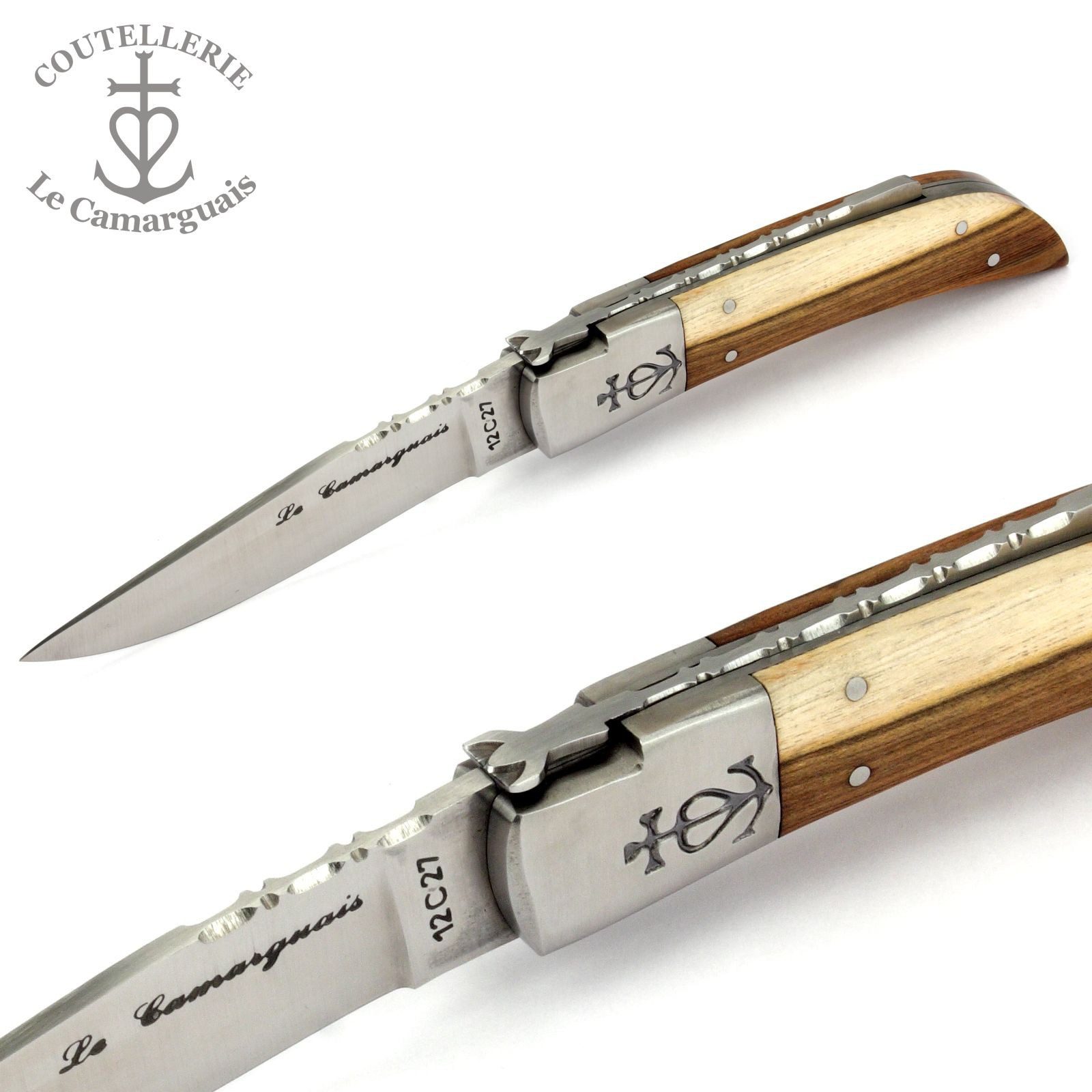 Le Camarguais Taschenmesser 20011, Griff 12cm Pistazienholz - Feder, Klingenrücken verziert - Stahl matt