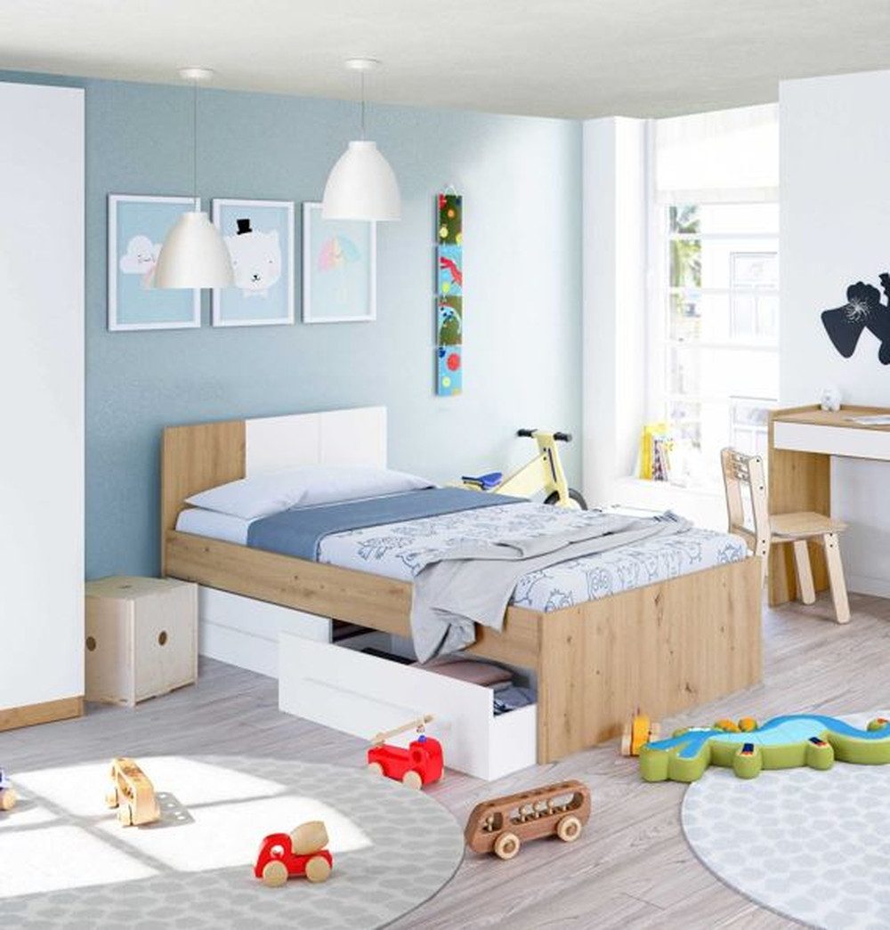 Kinderbett in Nodi-Eiche/Artik-Weiß - 196x77x92 (BxHxT)