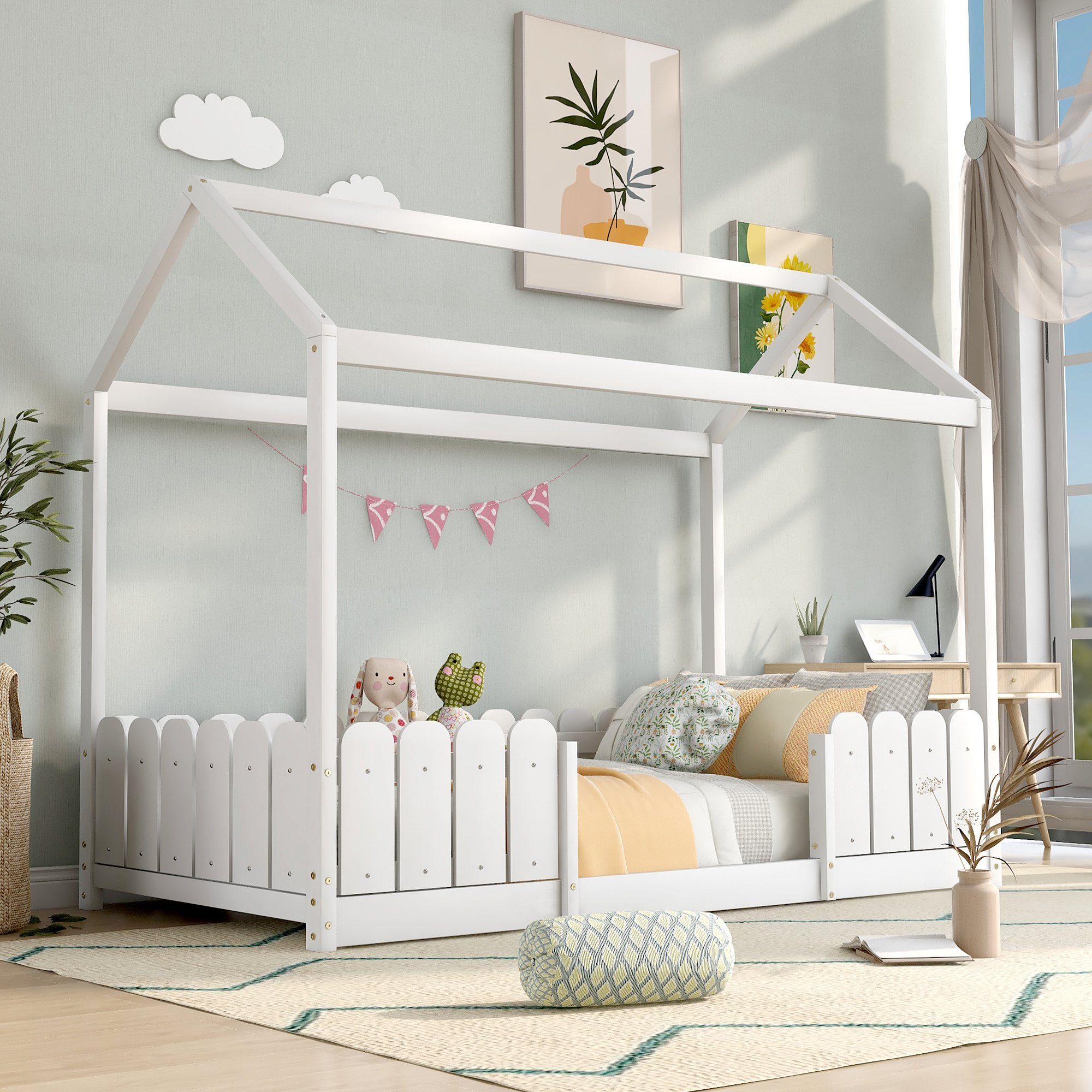 Merax Hausbett, mit Rausfallschutz und Lattenrost, Kinderbett 90x200cm, Holz Weiß