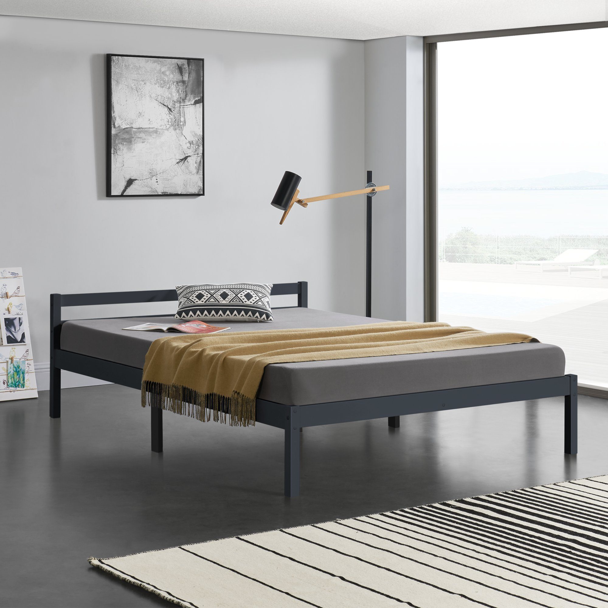 en.casa Holzbett, »Nakkila« Bett 140x200cm Kiefernholz Dunkelgrau