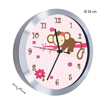 CreaDesign Funkwanduhr Funkuhr, Kinder Wanduhr, Kinderuhr, Kinderzimmer Affe hängend rosa (geräuscharmes Uhrwerk)