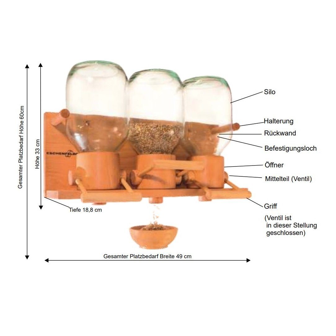 Eschenfelder Getreidemühle Getreidespeicher Körnerspeicher Getreidesilo Glas, Buche massiv, geölt manuell, Fassungsvermögen Glassilo 3 x 2000 ml ca. 1,5 kg Getreide, sortenabhängig, (4 Stück), massiv Buchenholz, Öffner, Abfüllregulierung, Leinöl-Kräueröl-Firnis