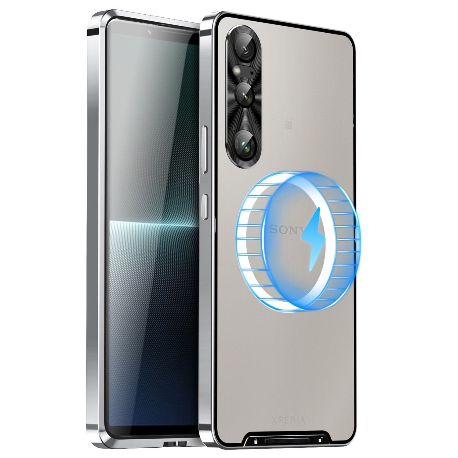 Wigento Handyhülle Für Sony Xperia 1 VI Magsafe Metall Cover Schutz Tasche Hülle Silber, Metall MagSafe Schutzhülle Smart Case Cover