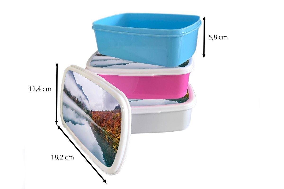 Mädchen Wasser und Brotdose, für weiß Landschaft, Jungs MuchoWow Herbst - und - Lunchbox für Nebel Brotbox - Erwachsene, (2-tlg), Kinder Kunststoff,