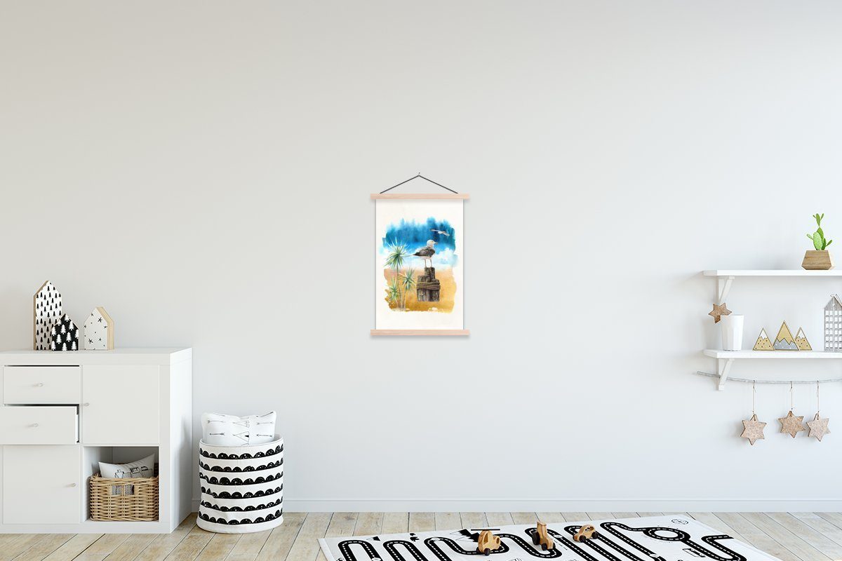 MuchoWow Poster Vogel - Baum - Strand - Aquarell, (1 St), Posterleiste, Textilposter für Wohnzimmer, Bilderleiste, Magnetisch