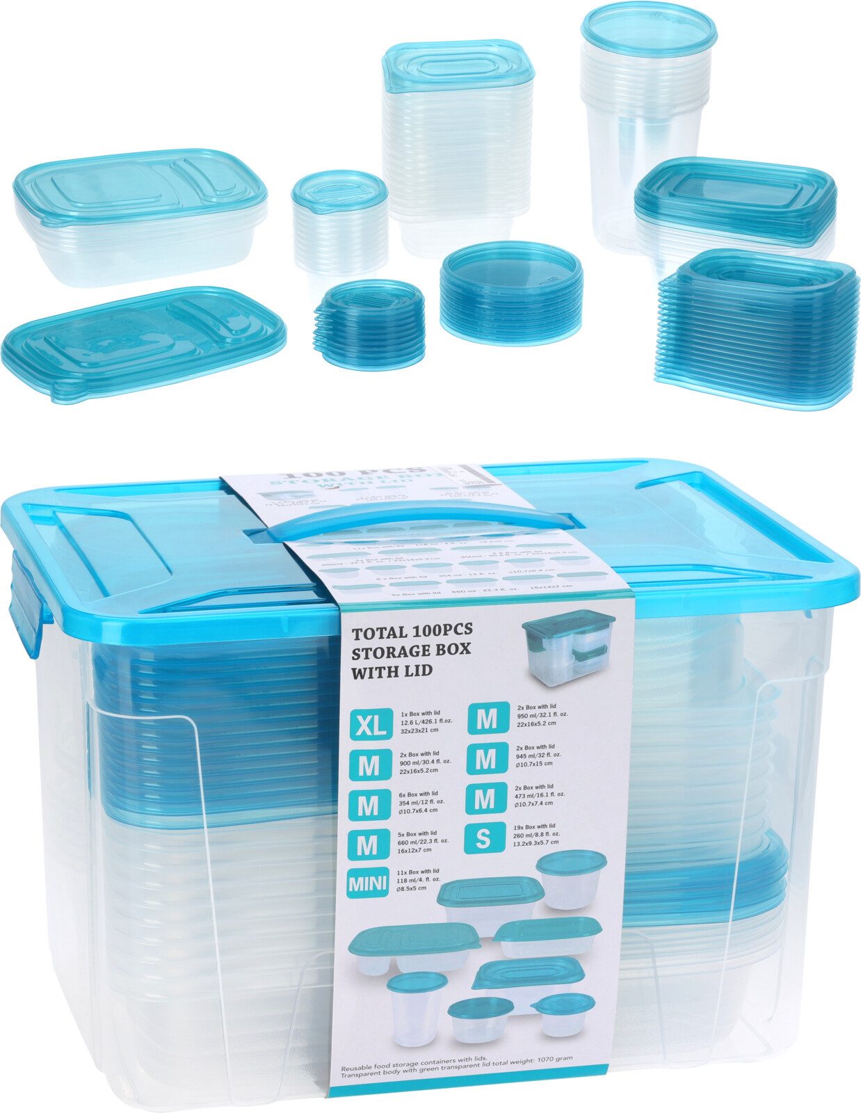 Koopman Vorratsdose Transparent / Blau, Kunststoff, (100-tlg), 100tlg, XXL-Set, Vorratsbehälter, mit Deckel, Kunststoff