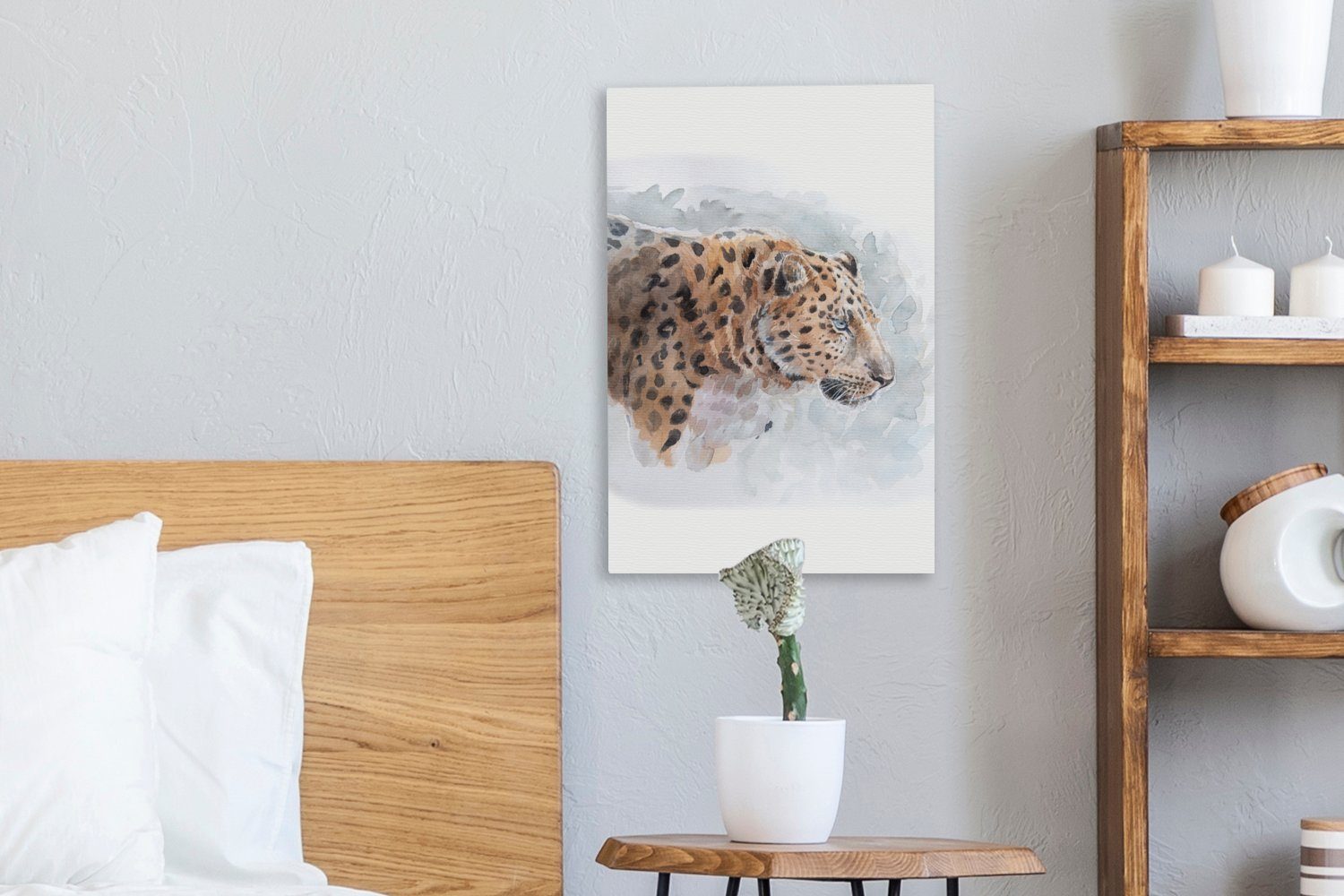 (1 cm bespannt fertig Leopard OneMillionCanvasses® Tiere, - - Aquarell Gemälde, 20x30 Leinwandbild Leinwandbild St), inkl. Zackenaufhänger,