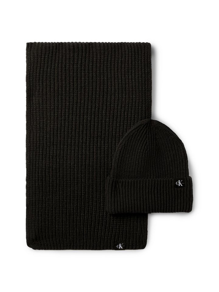 Calvin Klein Jeans Strickmütze Monogram Rib Scarf Beanie Set mit Logopatch