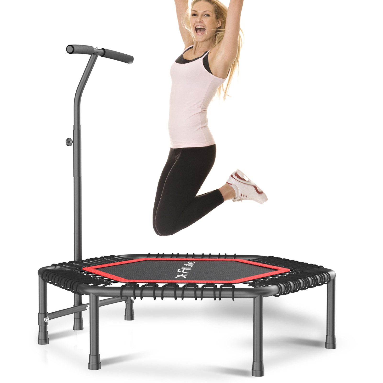 DH FitLife Fitnesstrampolin Indoor Mini Trampolin Ø 114 cm, Ø 114 cm, Tragfähigkeit 150 KG, 3 Handgriffstufen, stabil und leise