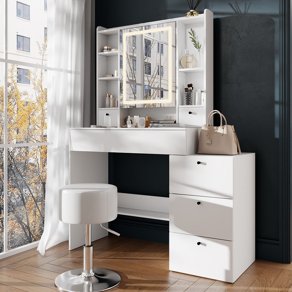 Schminktisch Livora, Weiß, 105.5 cm mit LED-Spiegel