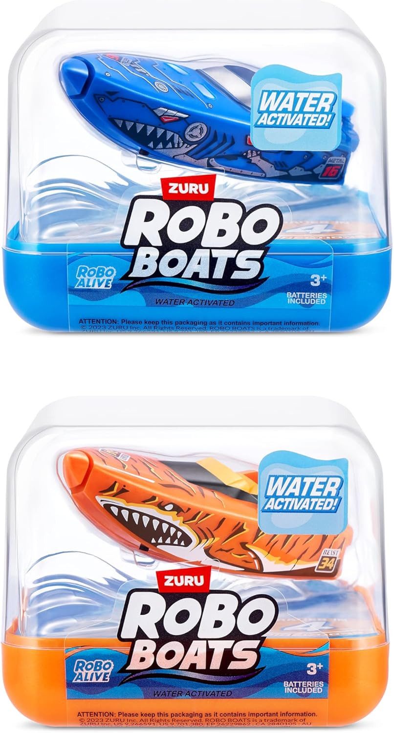 ZURU Robotertier Robo Alive Schwimmende Boote in Blau & Orange Tiger Shark & Robo Shark