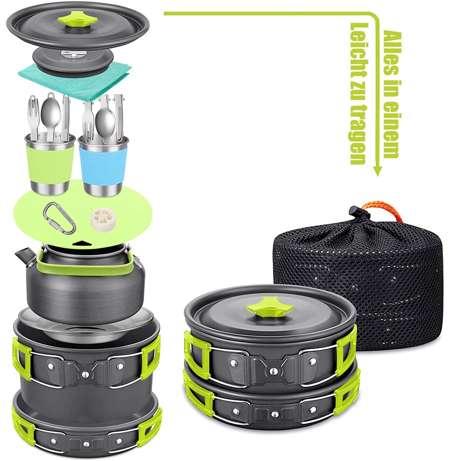 OSTWOLKE Geschirr-Set Camping Kochgeschirr Set Outdoor Geschirr Set Kochtopf Picknick Topf, 2 Personen, Aluminium, mit Teekanne