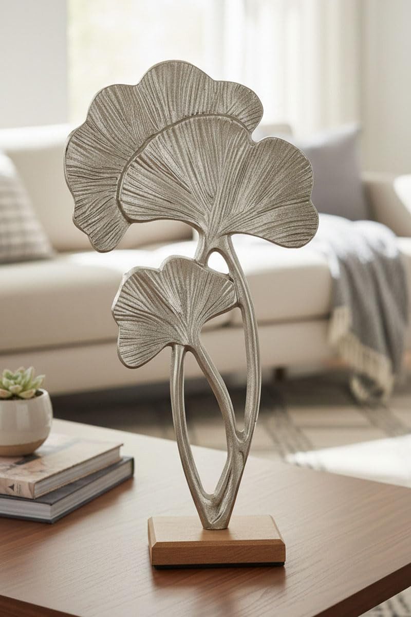 LB H&F Lilienburg Dekofigur Deko Dekofigur Dekoobjekt Frühling Frühjahr Frühlingsdeko (modern Design hinstellen Dekoobjekt Wohnzimmer Holzsockel Mangoholz Schlafzimmer Geschenk Idee Gastgeschenk Mutter Mama Geburtstag Dekoobjekt Fensterdeko, Holzdeko Tischdeko Gastgeschenk Aufsteller Tischdekoration Kommode Statue Frühling Herbst Winter Ostern innen Flur Schlafzimmer Büro Schreibtisch XL groß kreativ abstrakt Fensterbank Frühlingsdeko Frühjahr Frühjahrsdeko Blume Pflanze Bücherregal Silhouette Küche Küchendeko Regal, Alu Aluminium Holz Hochzeit Geschenk Mango edel), Figur Dekoration Baum Blatt Metall GINKO SILBER