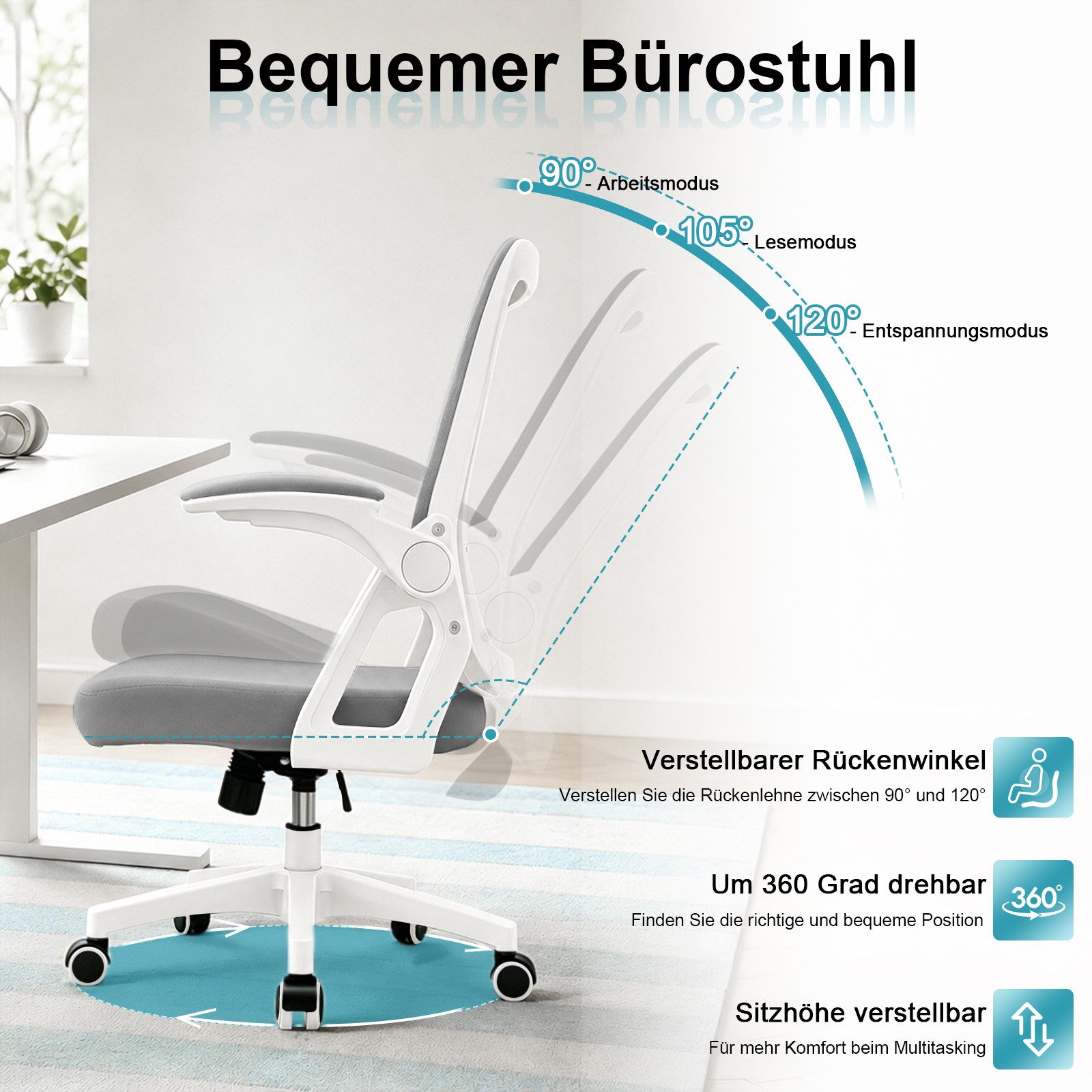 Milacyee Bürostuhl Ergonomischer Bürostuhl mit 90° klappbaren, gepolsterten Armlehnen (Höhenverstellbarer Atmungsaktiv Chefsessel mit geräuscharmen Rollen,Drehstuhl mit dynamische Rückenstütze), Platzsparend, Atmungsaktives Mesh, 150 kg Belastbarkeit