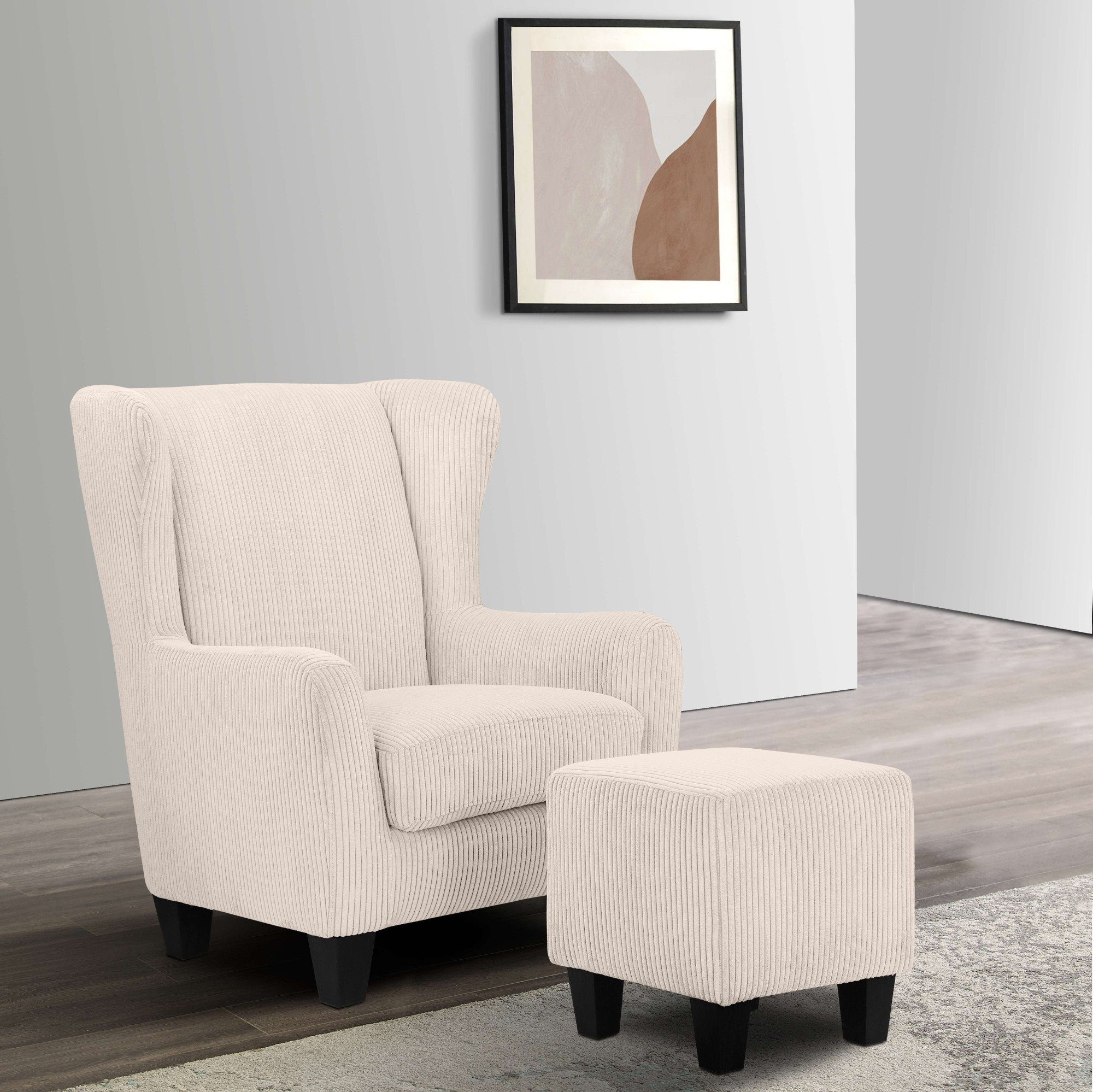 Ohrensessel CHILLY, Sessel mit Hocker und Federkern-Polsterung Breitcord Creme - Einrichtungsbeispiel
