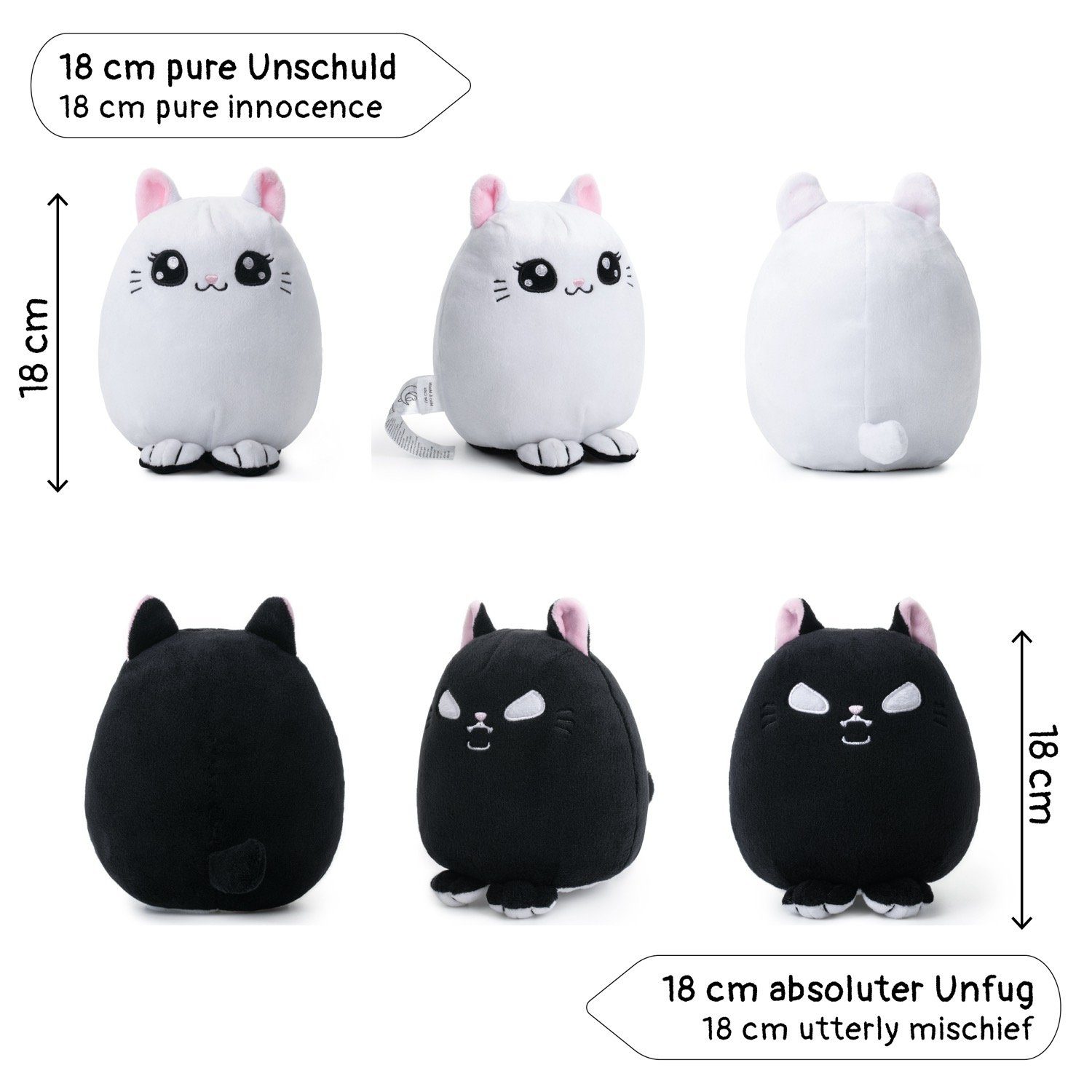 Corimori Kuscheltier „Miso&Mochi“ Stimmungs - Plüschtier zum wenden (Geschenk, Packung, Geschenk), Katzen Wendeplüschtier, Baby Jungen Mädchen, 18cm, schwarz - weiß