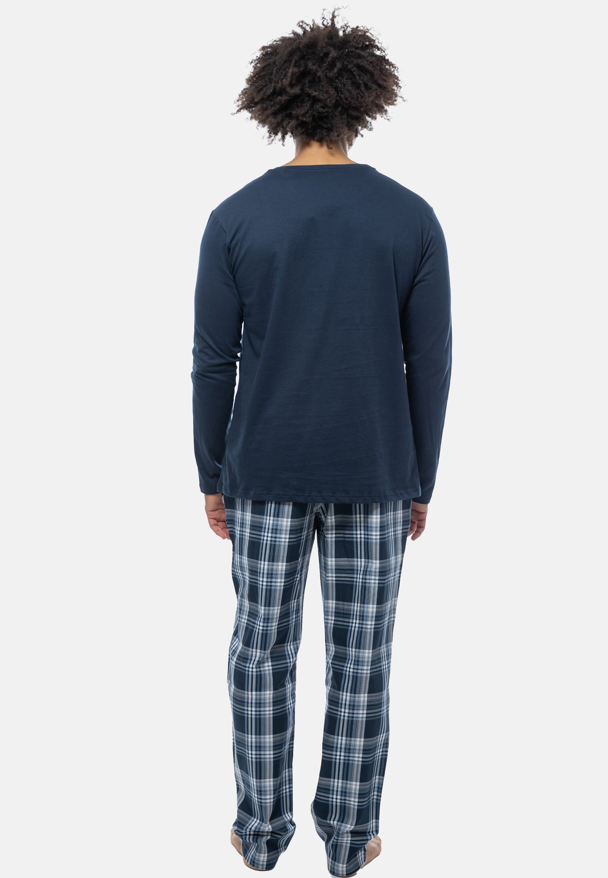 Langarm-Shirt tlg) - Rundhals-Ausschnitt 2 - (Set, Pyjama Schiesser mit Mix Baumwolle Dunkelblau Schlafanzug