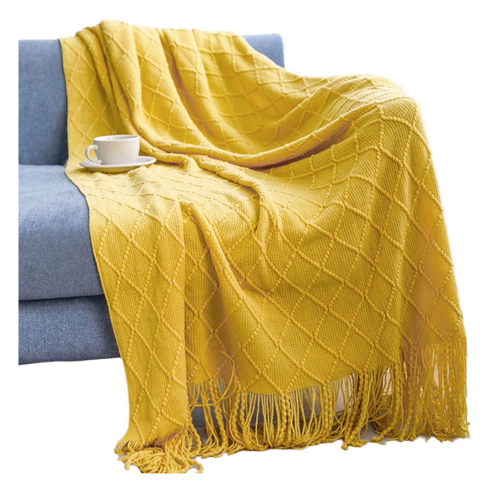 Wohndecke Kuscheldecke Strickoptik mit Quasten, Diwzbyn, Dekodecke mit geometrischem Muster, Sofadecke für Sofa & Bett