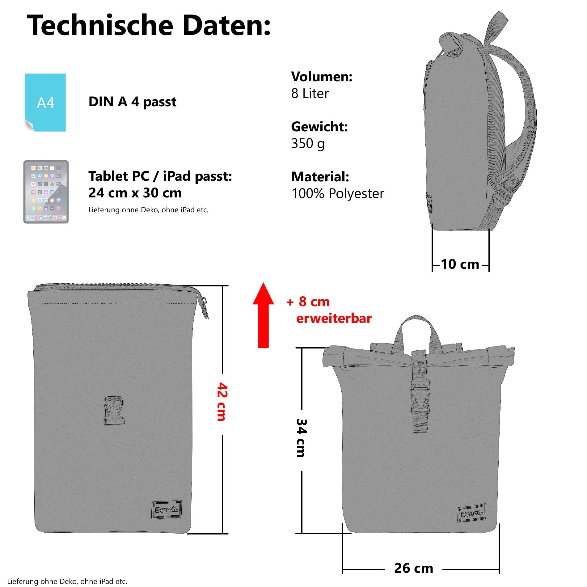 Bench. Freizeitrucksack Rucksack Damen Hydro Compact aus Plane wetterfest Outdoor, kleines Laptop Fach Daypack Büro Freizeit 64222 + Etui