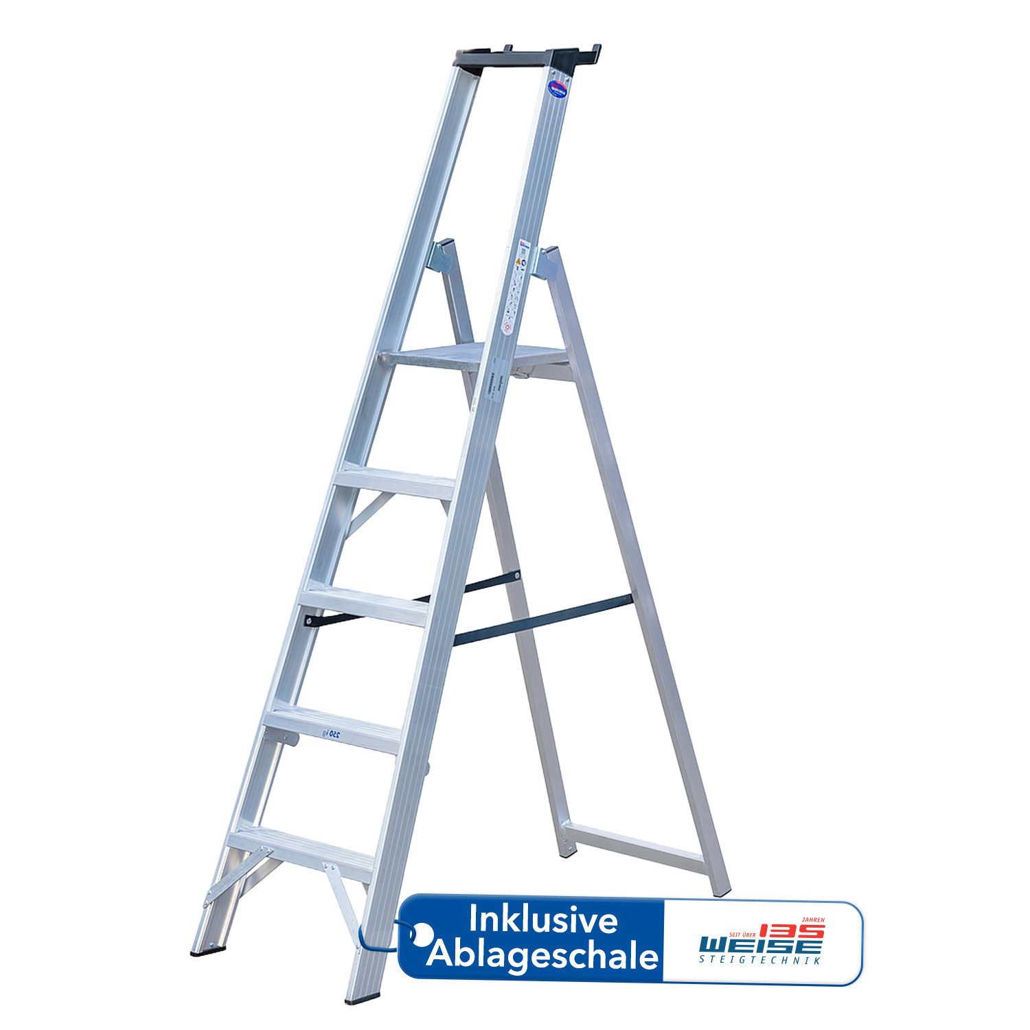 Weise Steigtechnik Stehleiter klappbare Stufenleiter mit Gurtbändern (5 Stufen, trittsichere & geriefte Stufen), Haushaltsleiter mit sicherer Plattform