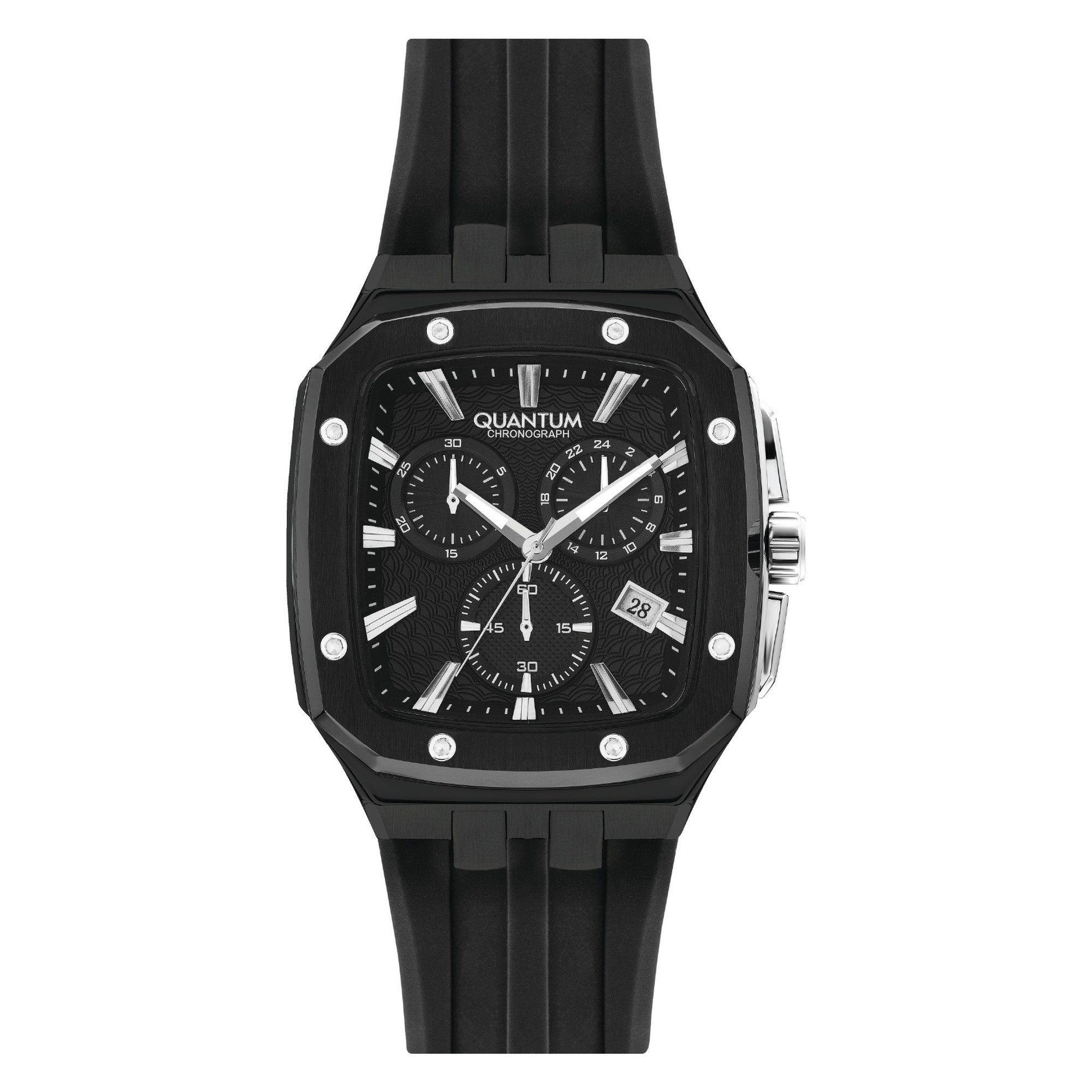 QUANTUM Chronograph Herrenuhr Silikonarmband, 44 mm, Herren Armbanduhr, 10 ATM wasserdicht schwarzes Zifferblatt, schwarz – HNG1033.651, (1-tlg), Datum, Kristallglas, inkl. Geschenkbox