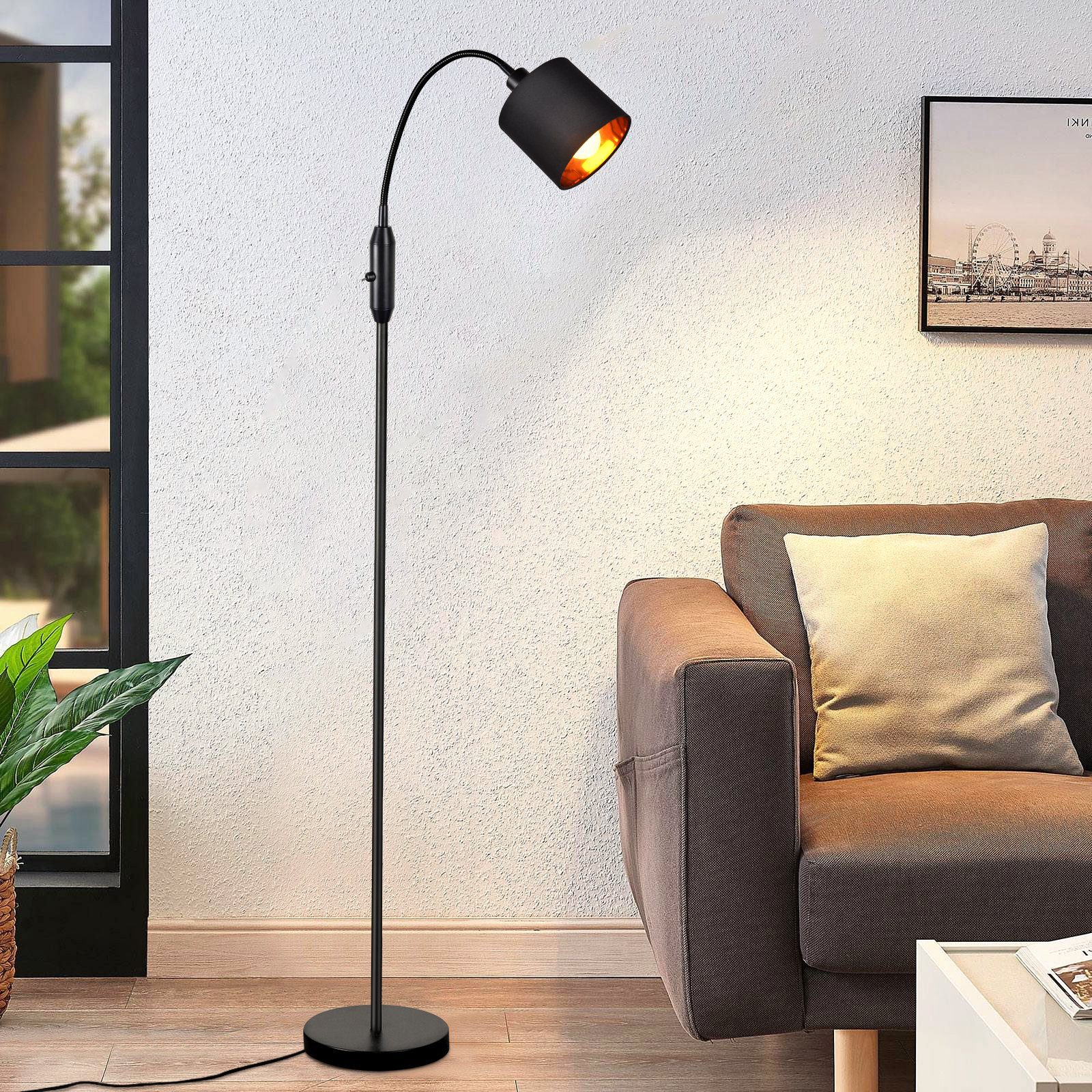 Stofflampenschirm Stoff Stehlampe Bogen integriert, Wohnzimmer Vintage fest ZMH Schwarz E14, Stehleuchte LED Metallsockel, 360°, LED