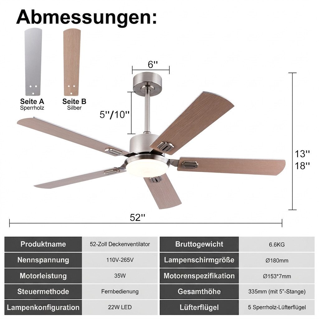 Rolipo Deckenventilator LED-Licht 3 Farben/Fernbedienung, Leiser DC-Motor Deckenventilator, 52 Zoll (Sommer/Winter), 6 Stufen, 2 Deckenstangen – Bild 4 von 5