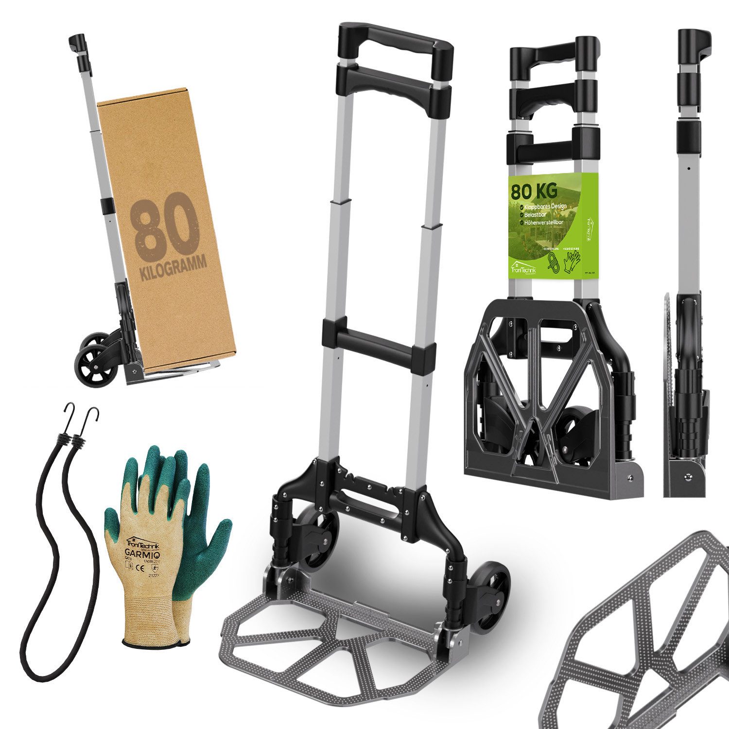 TroniTechnik Sackkarre Transportkarre Handkarre Handwagen, klappbar bis 80kg Tragfähigkeit, (Transportkarre mit rutschfester Transportfläche und Tragegriff, BxTxH 39x40x100cm mit Spanngummiseil für sicheren Transport), faltbar, Transportkarre, mit verstellbaren Griff