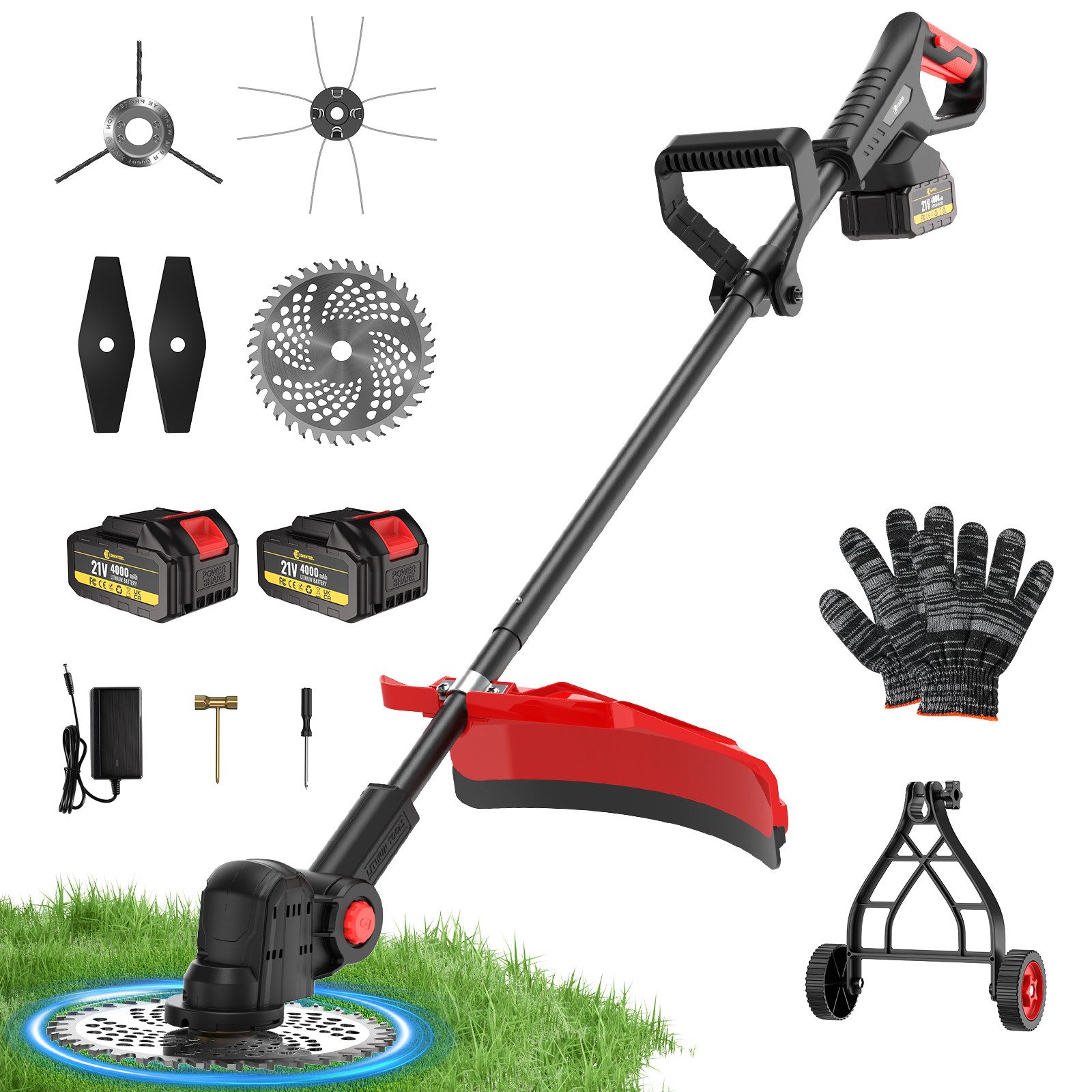 CONENTOOL Akku-Rasentrimmer Bürstenlos 1200W, 8000mAh Gesamtkapazität (2×4,0Ah), 25.5 cm Arbeitsbreite Messer, 23 cm Arbeitsbreite Faden, (Bürstenloser Motor, 20000U/min), 90° drehbarer Kopf mit Stützrädern für Gartenpflege