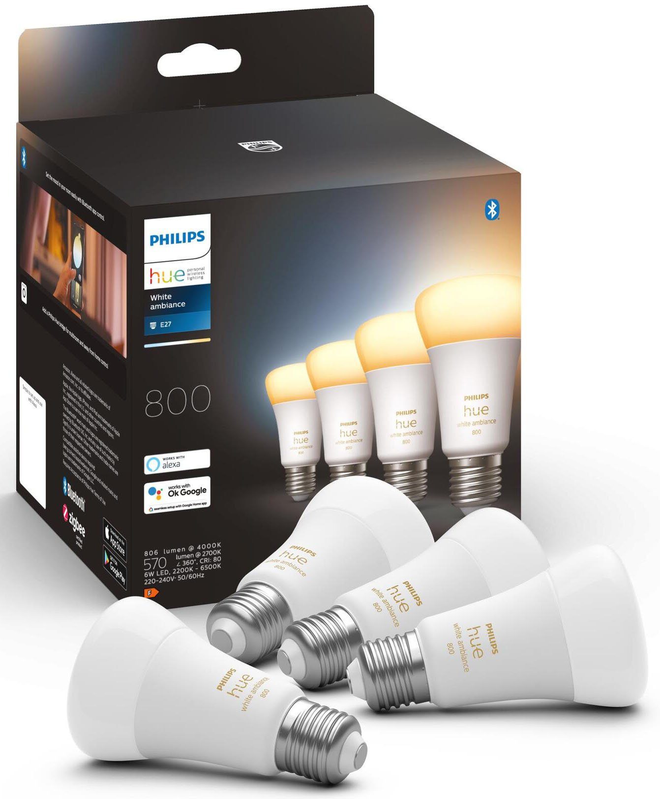 Warmweiß, Philips E27, LED-Leuchtmittel E27 Ambiance 60W, tageslichtweiß CCT-Farbtemperatursteuerung warmweiß 4x570lm - White Viererpack 4 Hue St., bis