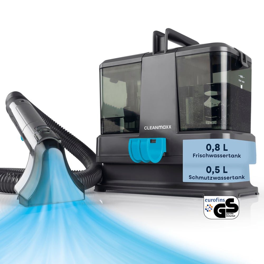 CLEANmaxx Teppichreinigungsgerät Polster- & Teppichreiniger Kompakt 330W grau/blau, 330 W, Doppeltank-System 9 kPa Saugkraf Flächendüse Bürstendüse Sprühfunktion
