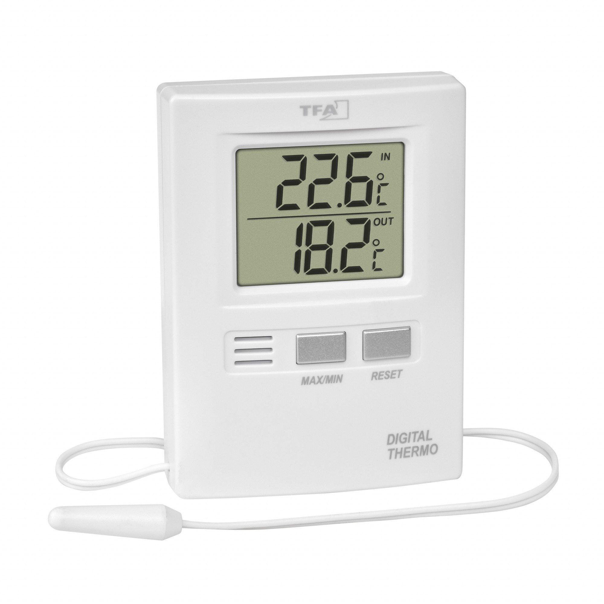 TFA Dostmann Raumthermometer Digitales Innen-Außen-Thermometer mit Kabel und Speicher, 1-tlg., Innen und Außentemperatur Messung